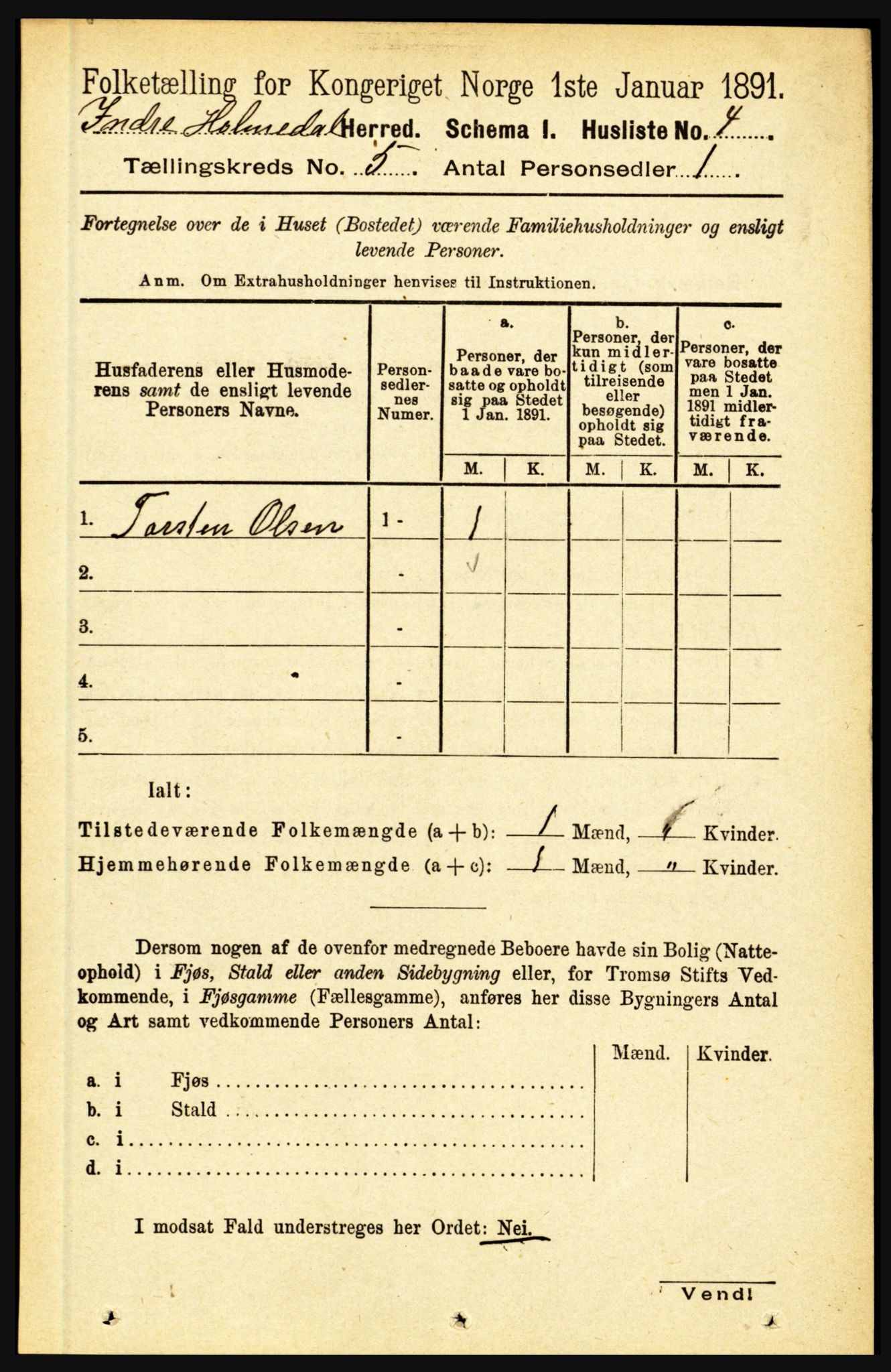 RA, 1891 census for 1430 Indre Holmedal, 1891, p. 1828