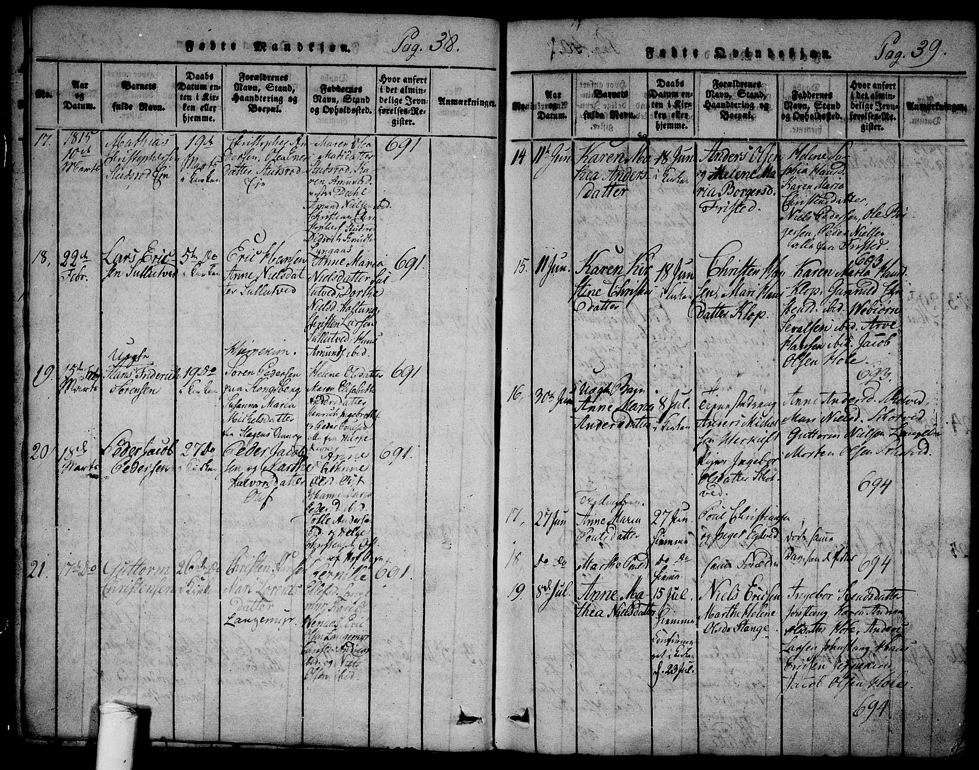 Ramnes kirkebøker, SAKO/A-314/F/Fa/L0004: Parish register (official) no. I 4, 1813-1840, p. 38-39