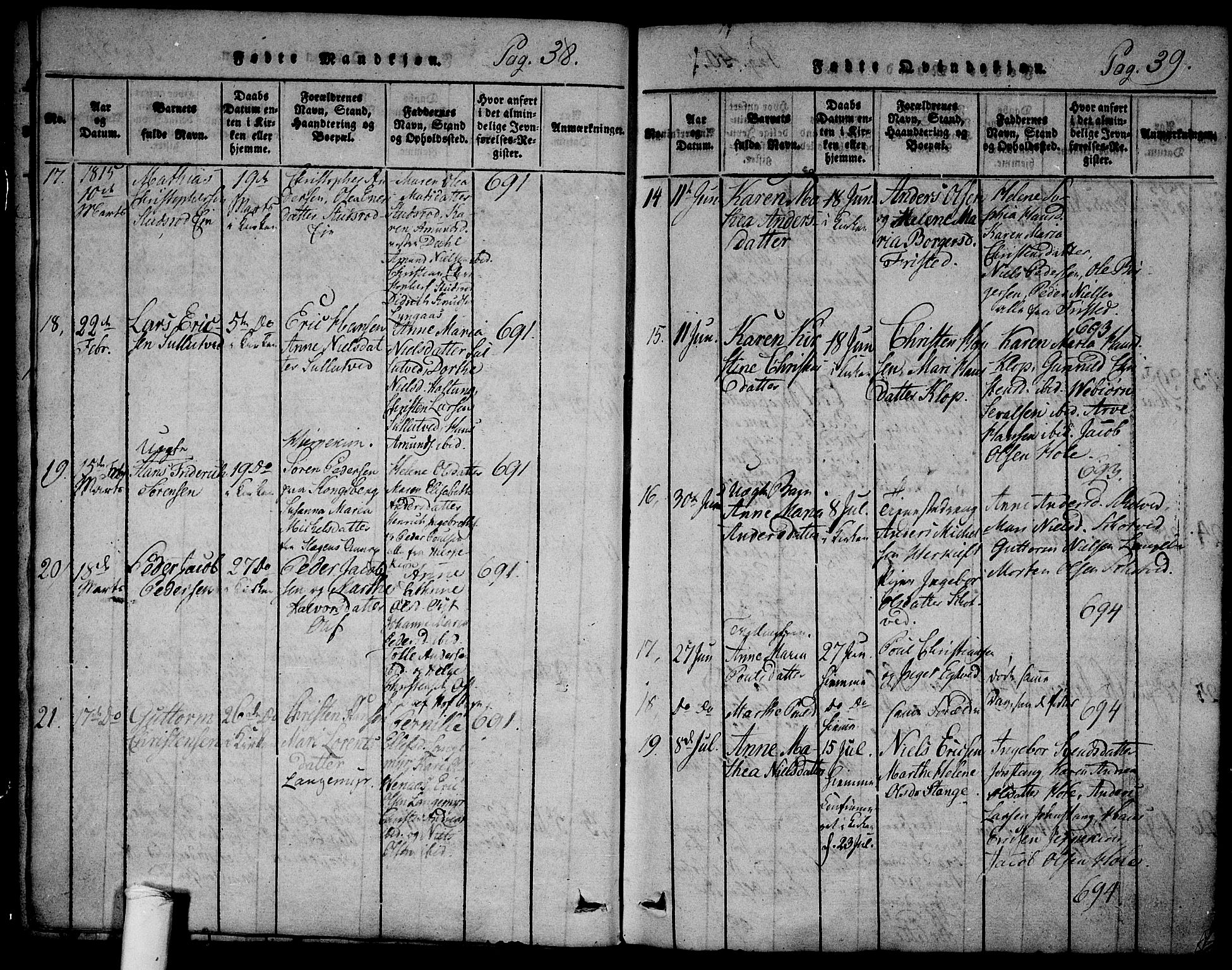 Ramnes kirkebøker, AV/SAKO-A-314/F/Fa/L0004: Parish register (official) no. I 4, 1813-1840, p. 38-39