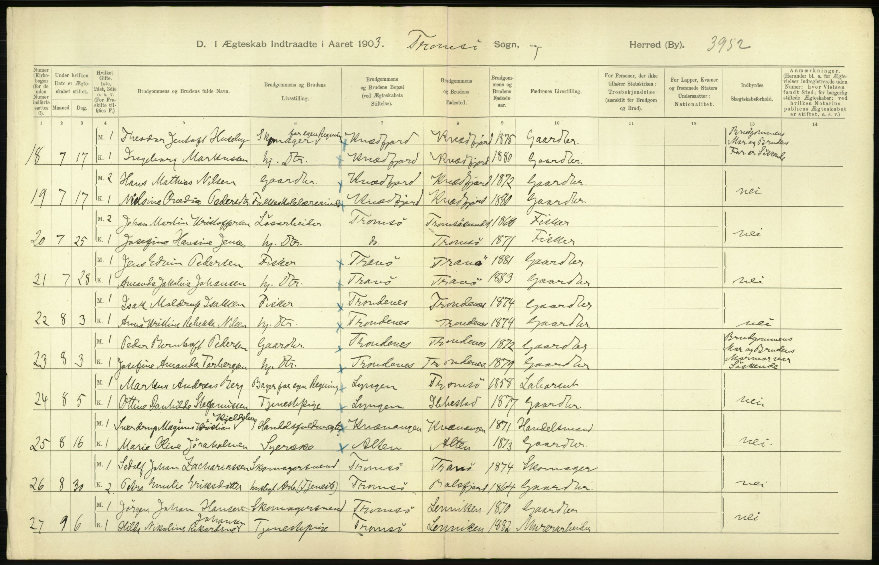 Statistisk sentralbyrå, Sosiodemografiske emner, Befolkning, AV/RA-S-2228/D/Df/Dfa/Dfaa/L0021: Tromsø amt: Fødte, gifte, døde., 1903, p. 374