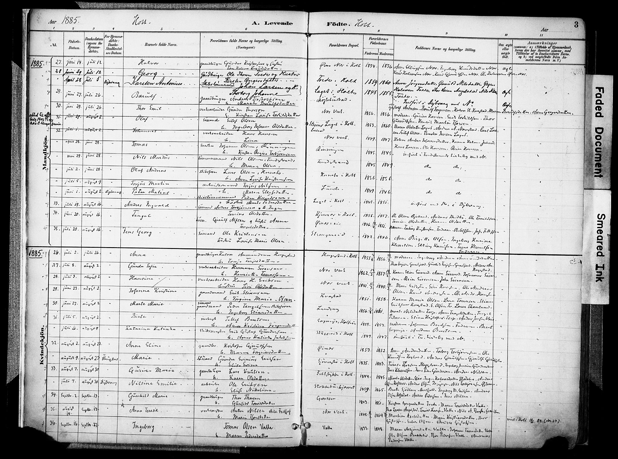 Holt sokneprestkontor, SAK/1111-0021/F/Fa/L0012: Parish register (official) no. A 12, 1885-1907, p. 3