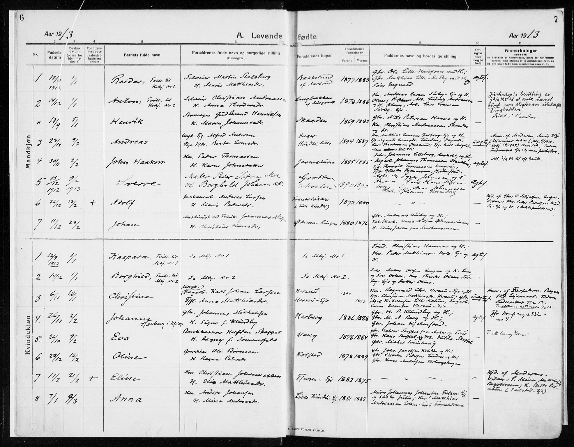 Ringsaker prestekontor, AV/SAH-PREST-014/K/Ka/L0020: Parish register (official) no. 20, 1913-1922, p. 6-7