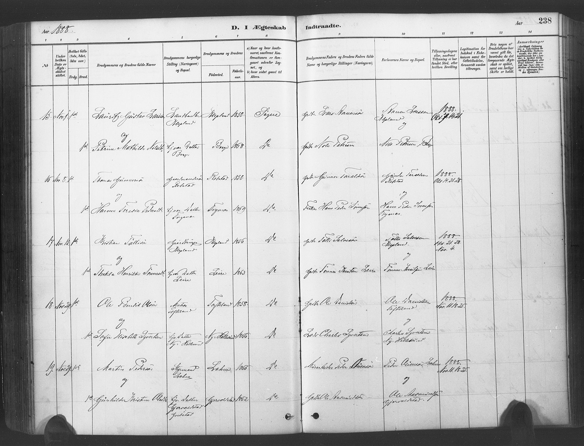 Søgne sokneprestkontor, AV/SAK-1111-0037/F/Fa/Fab/L0012: Parish register (official) no. A 12, 1880-1891, p. 238