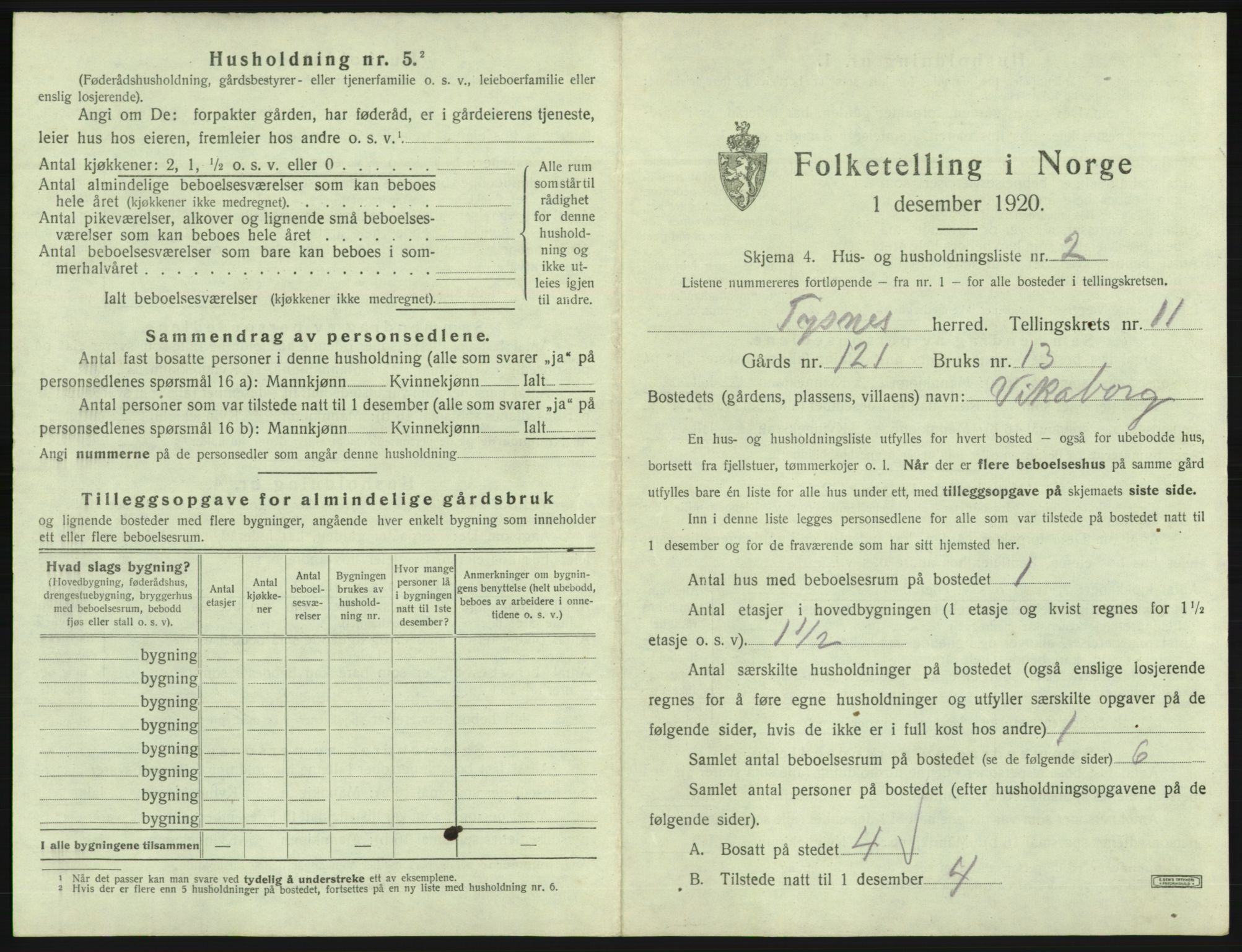 SAB, 1920 census for Tysnes, 1920, p. 1054