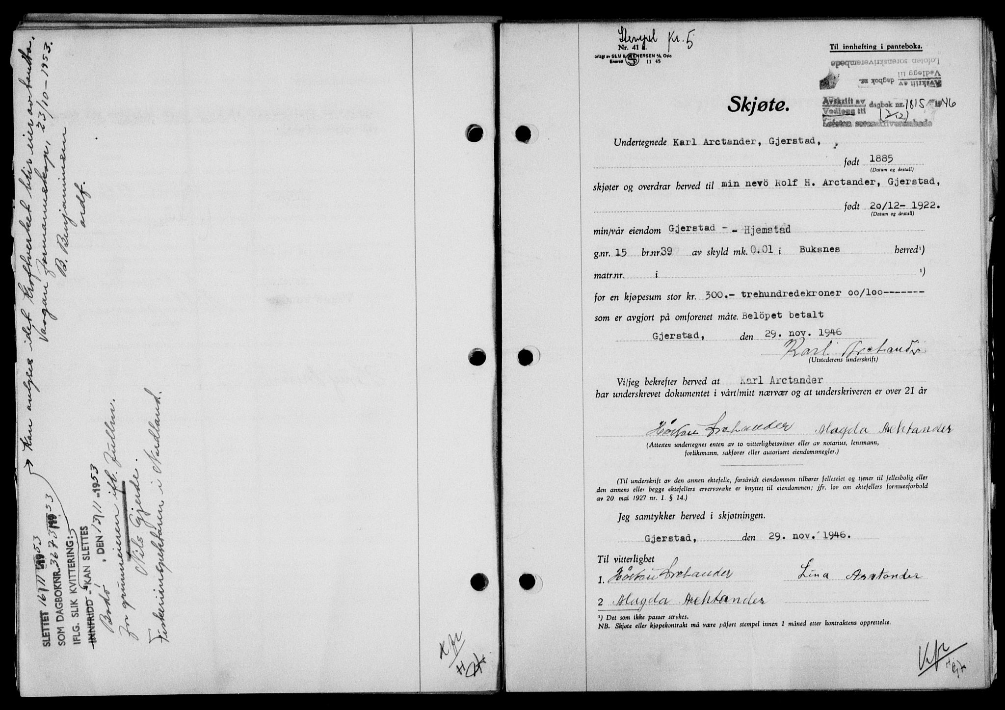 Lofoten sorenskriveri, SAT/A-0017/1/2/2C/L0015a: Mortgage book no. 15a, 1946-1947, Diary no: : 1815/1946