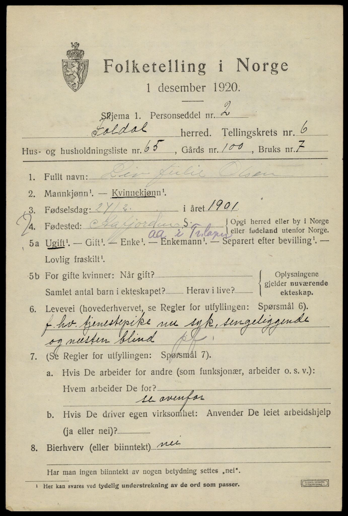 SAH, 1920 census for Folldal, 1920, p. 3911