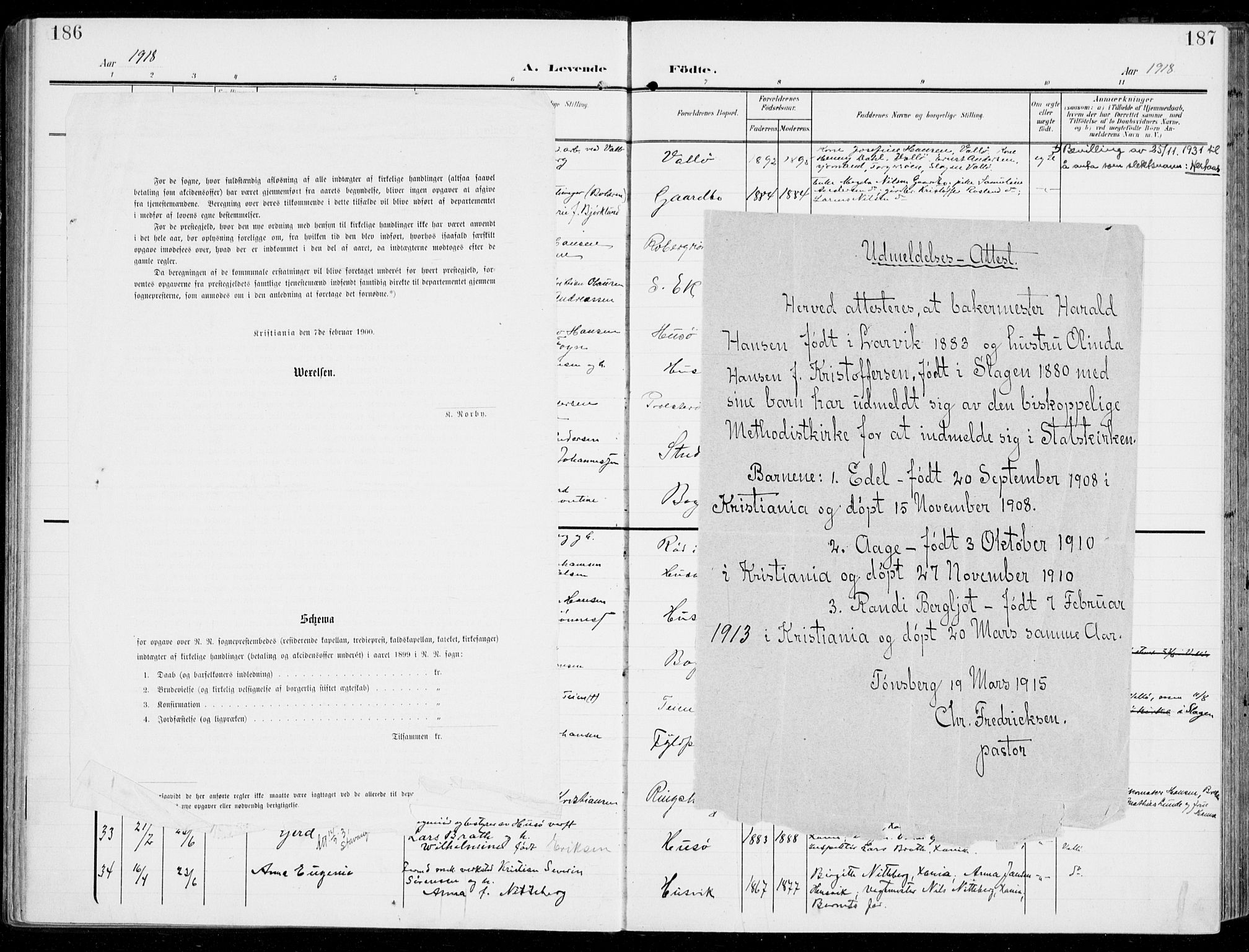 Sem kirkebøker, SAKO/A-5/F/Fb/L0006: Parish register (official) no. II 6, 1905-1918, p. 186-187