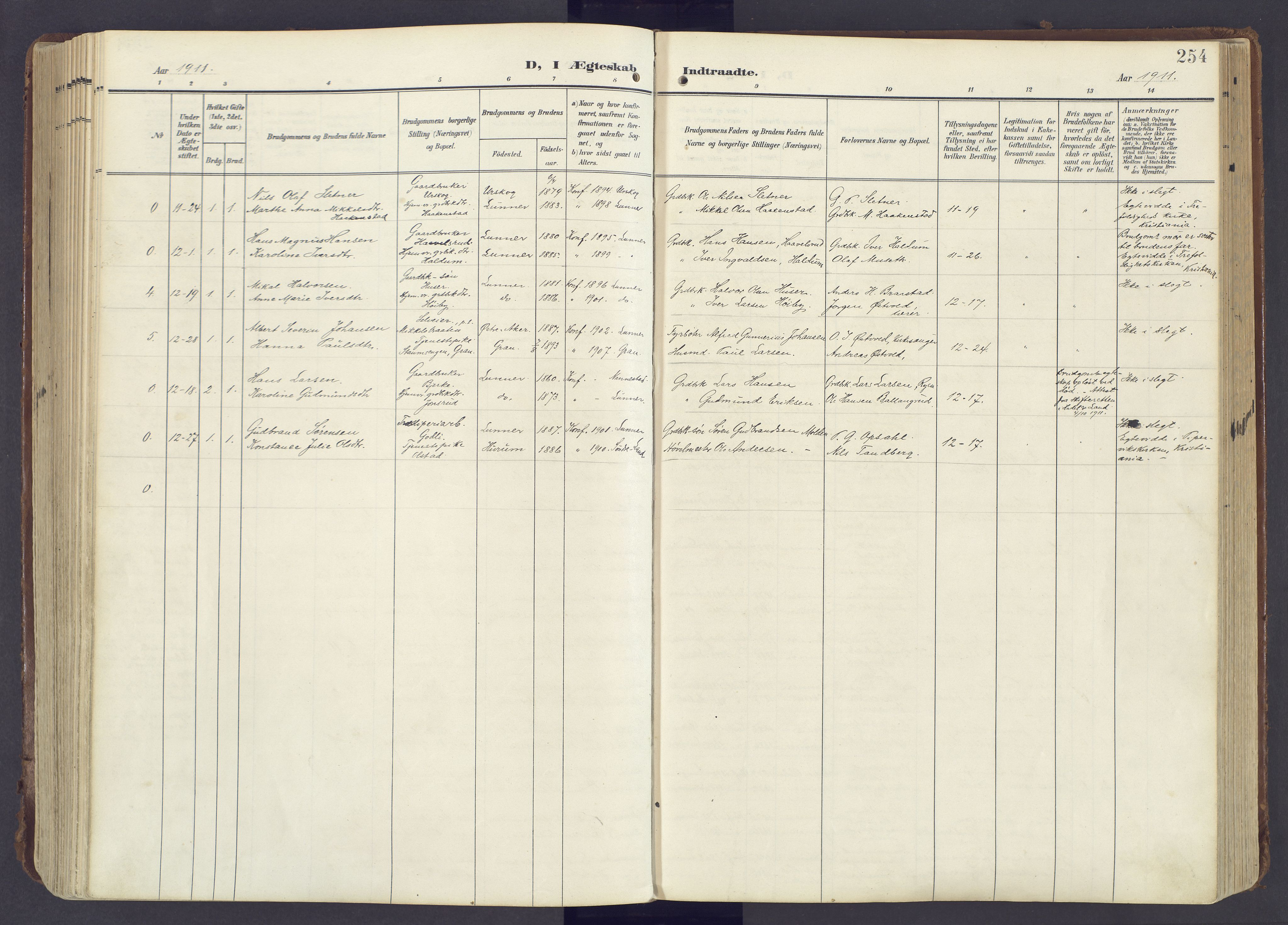 Lunner prestekontor, SAH/PREST-118/H/Ha/Haa/L0001: Parish register (official) no. 1, 1907-1922, p. 254
