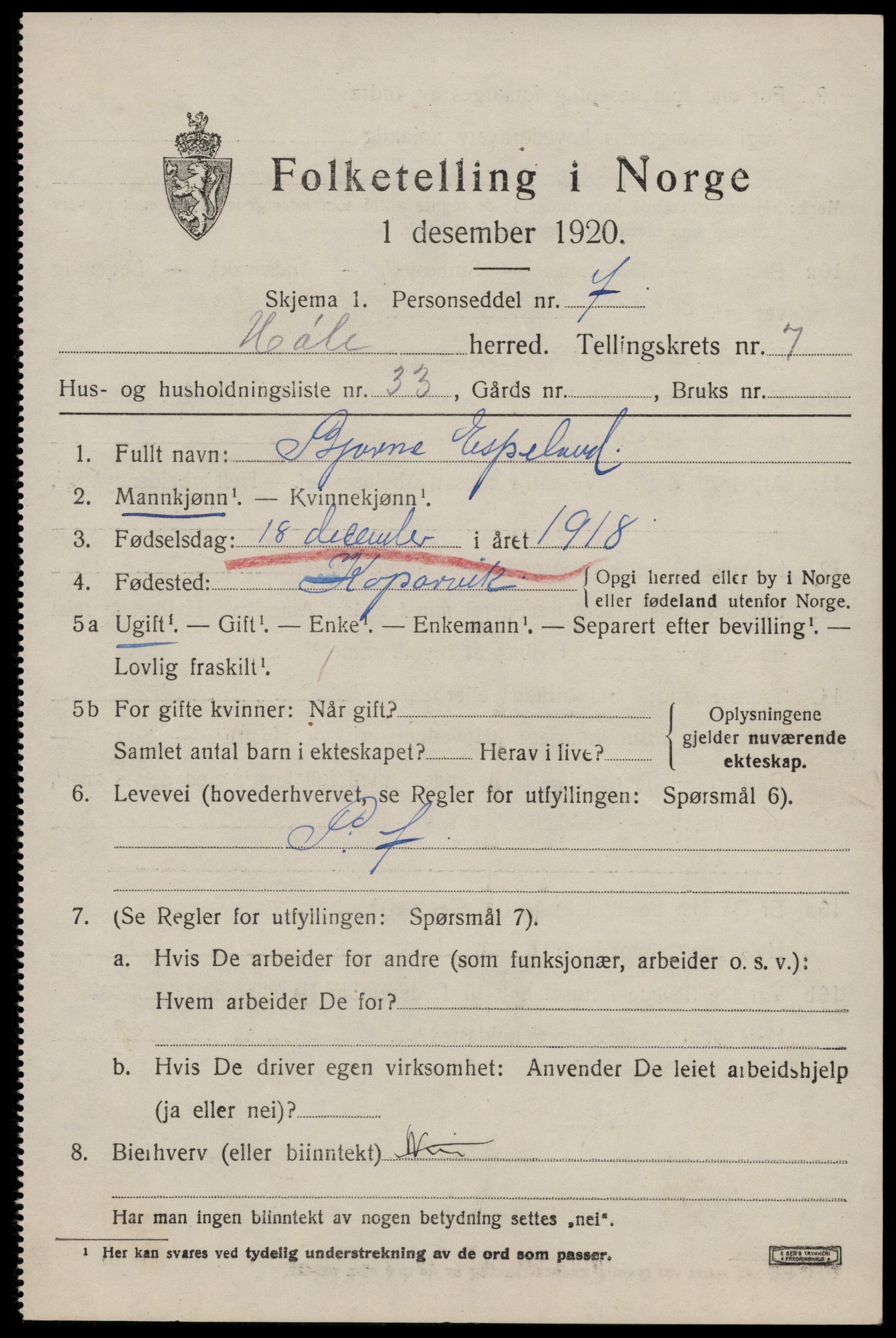 SAST, 1920 census for Høle, 1920, p. 2209