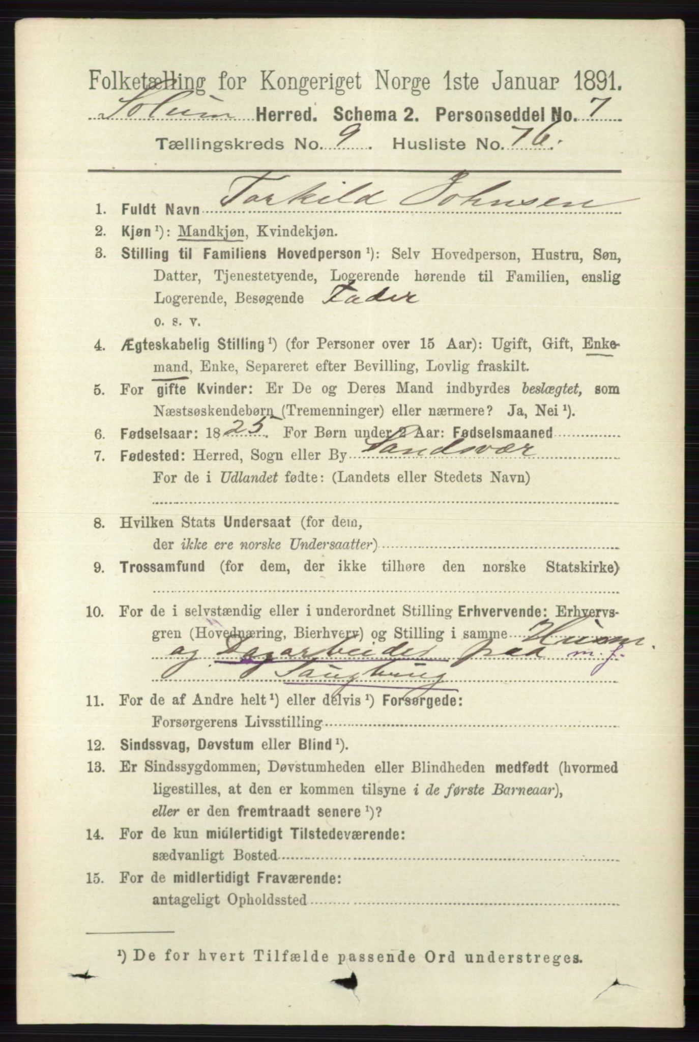 RA, 1891 census for 0818 Solum, 1891, p. 2483