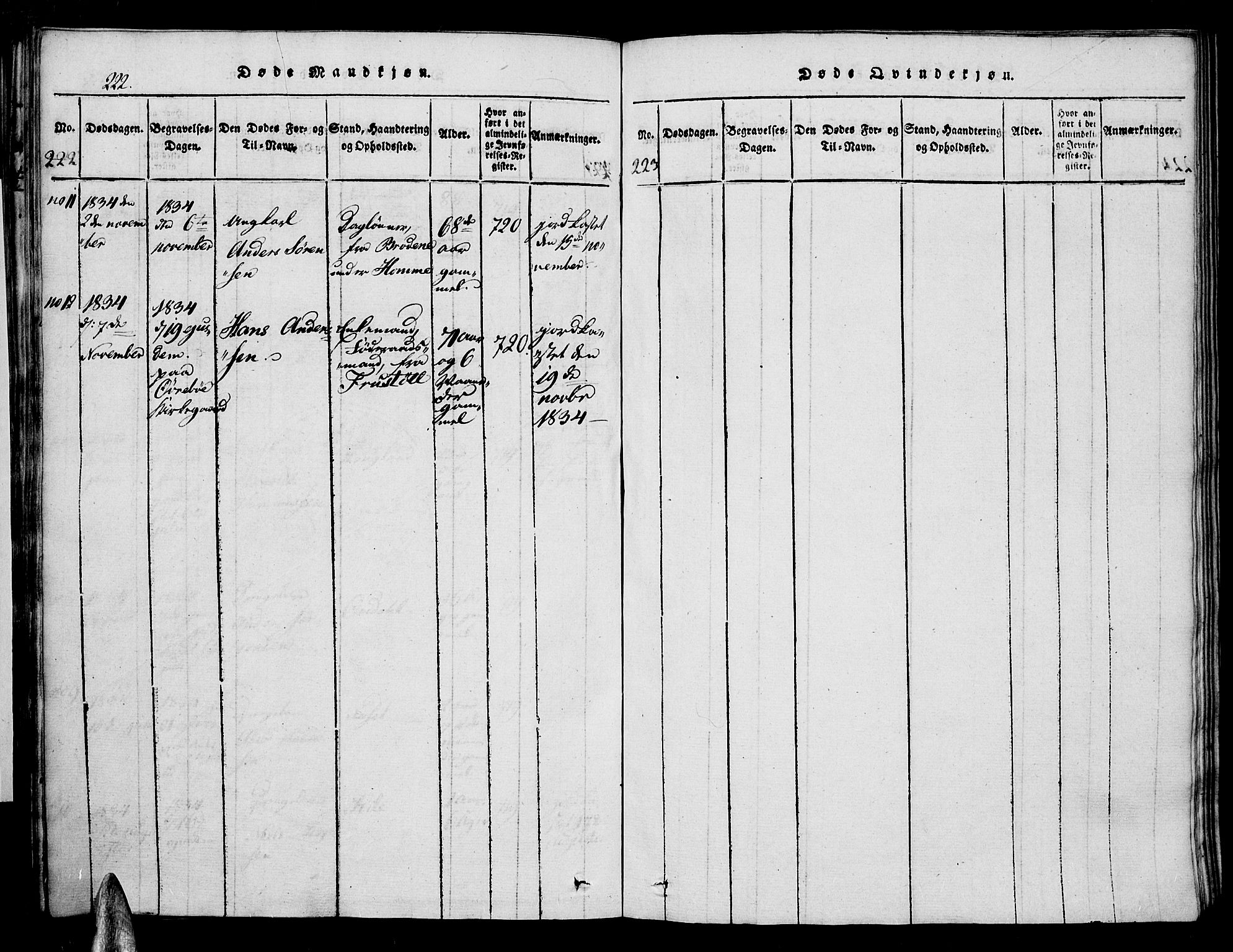 Vennesla sokneprestkontor, AV/SAK-1111-0045/Fa/Faa/L0003: Parish register (official) no. A 3, 1820-1834, p. 222-223