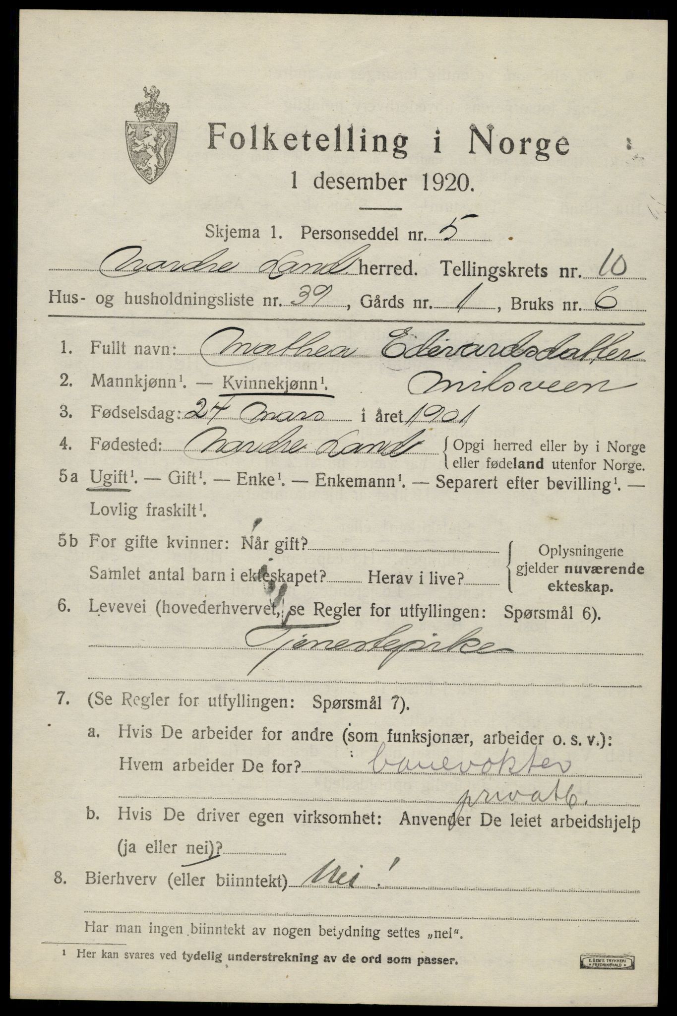 SAH, 1920 census for Nordre Land, 1920, p. 5654