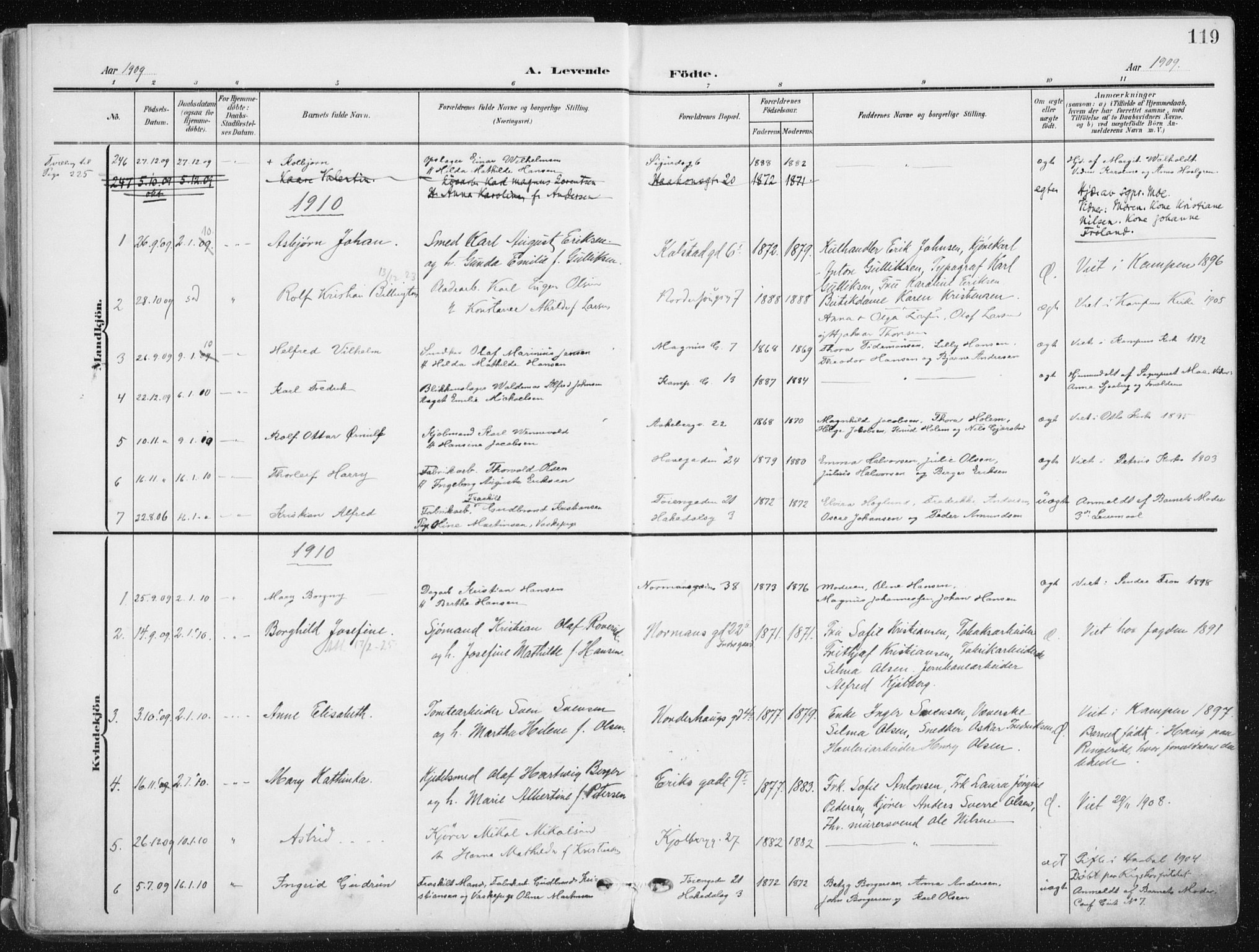 Kampen prestekontor Kirkebøker, AV/SAO-A-10853/F/Fa/L0010: Parish register (official) no. I 10, 1905-1917, p. 119