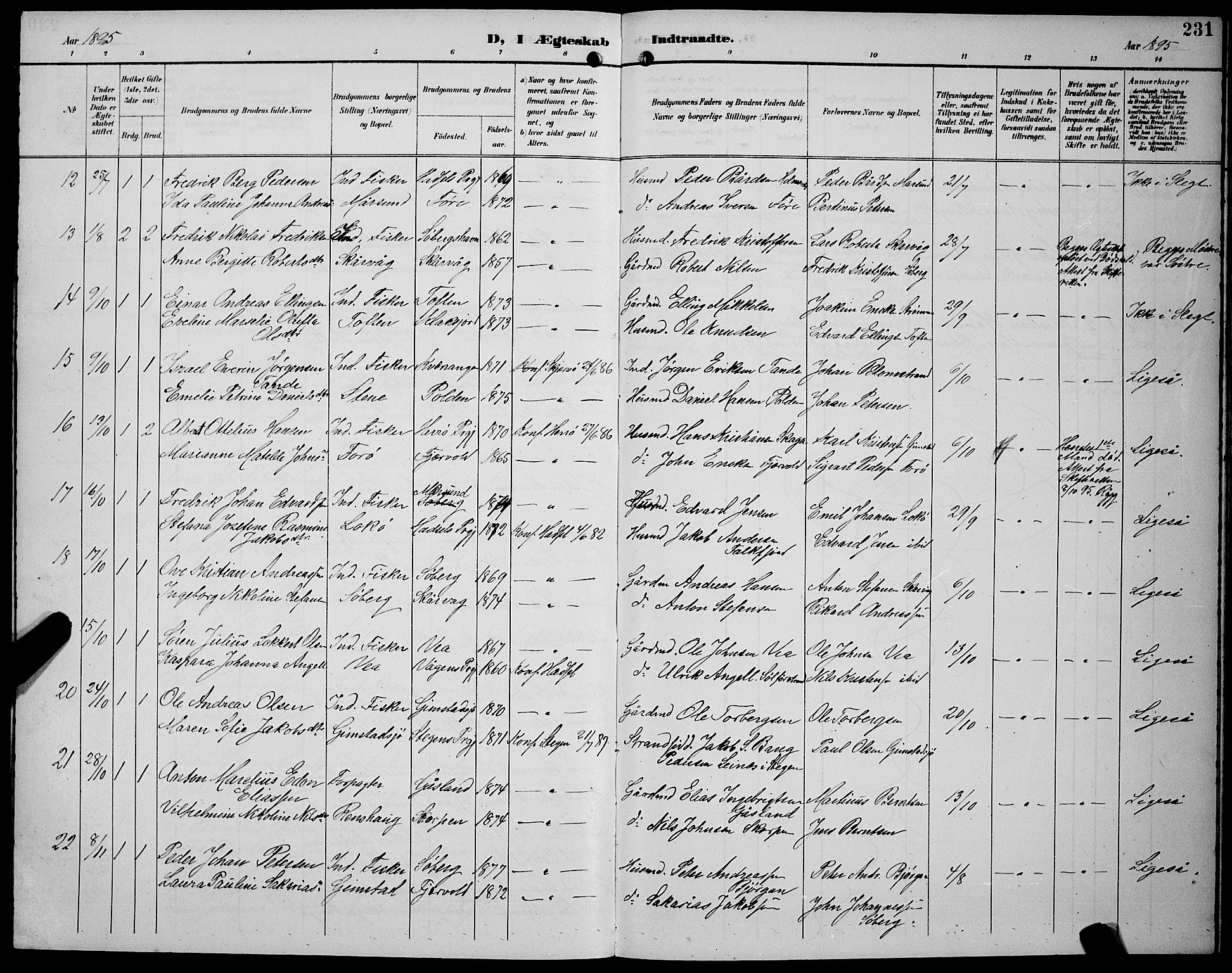 Ministerialprotokoller, klokkerbøker og fødselsregistre - Nordland, AV/SAT-A-1459/891/L1316: Parish register (copy) no. 891C05, 1894-1898, p. 231