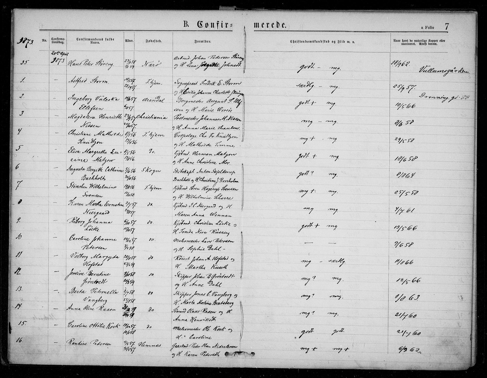 Ministerialprotokoller, klokkerbøker og fødselsregistre - Sør-Trøndelag, AV/SAT-A-1456/602/L0121: Parish register (official) no. 602A19, 1872-1879, p. 7