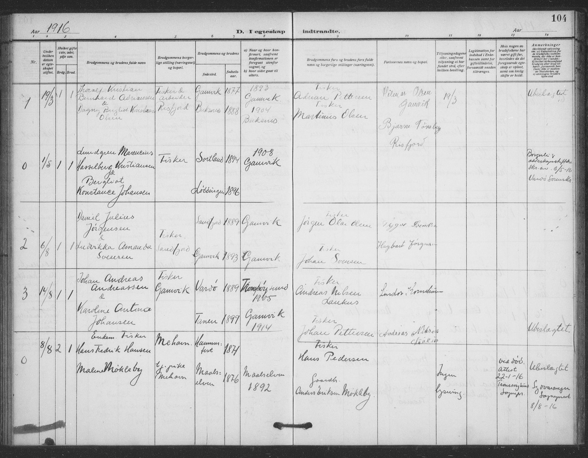Tana sokneprestkontor, SATØ/S-1334/H/Ha/L0008kirke: Parish register (official) no. 8, 1908-1920, p. 104