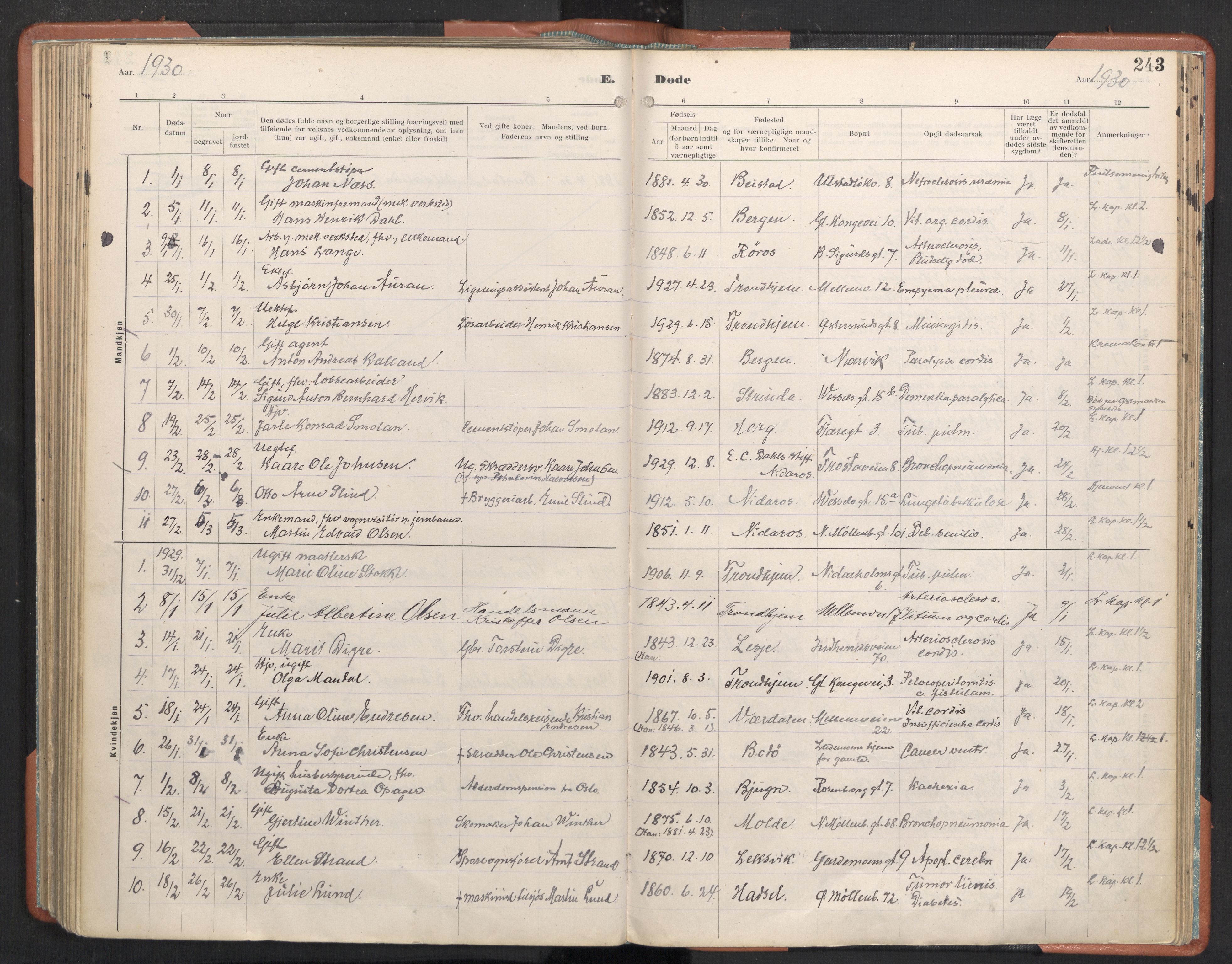 Ministerialprotokoller, klokkerbøker og fødselsregistre - Sør-Trøndelag, SAT/A-1456/605/L0245: Parish register (official) no. 605A07, 1916-1938, p. 243