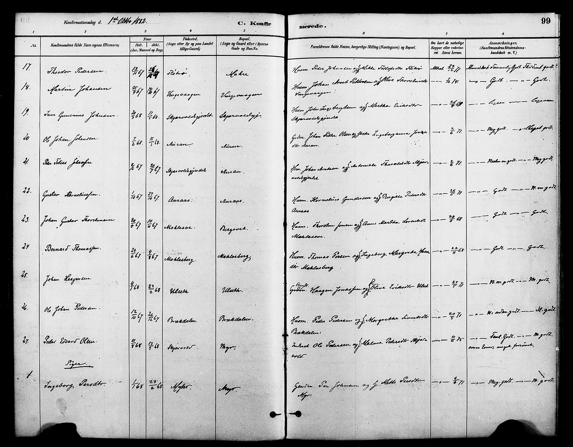 Ministerialprotokoller, klokkerbøker og fødselsregistre - Nord-Trøndelag, AV/SAT-A-1458/712/L0100: Parish register (official) no. 712A01, 1880-1900, p. 99