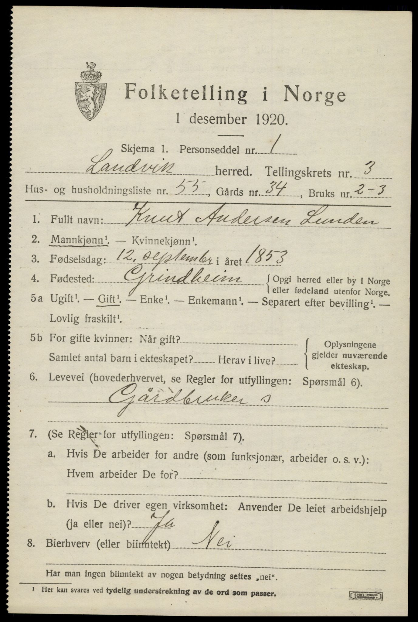 SAK, 1920 census for Landvik, 1920, p. 3416