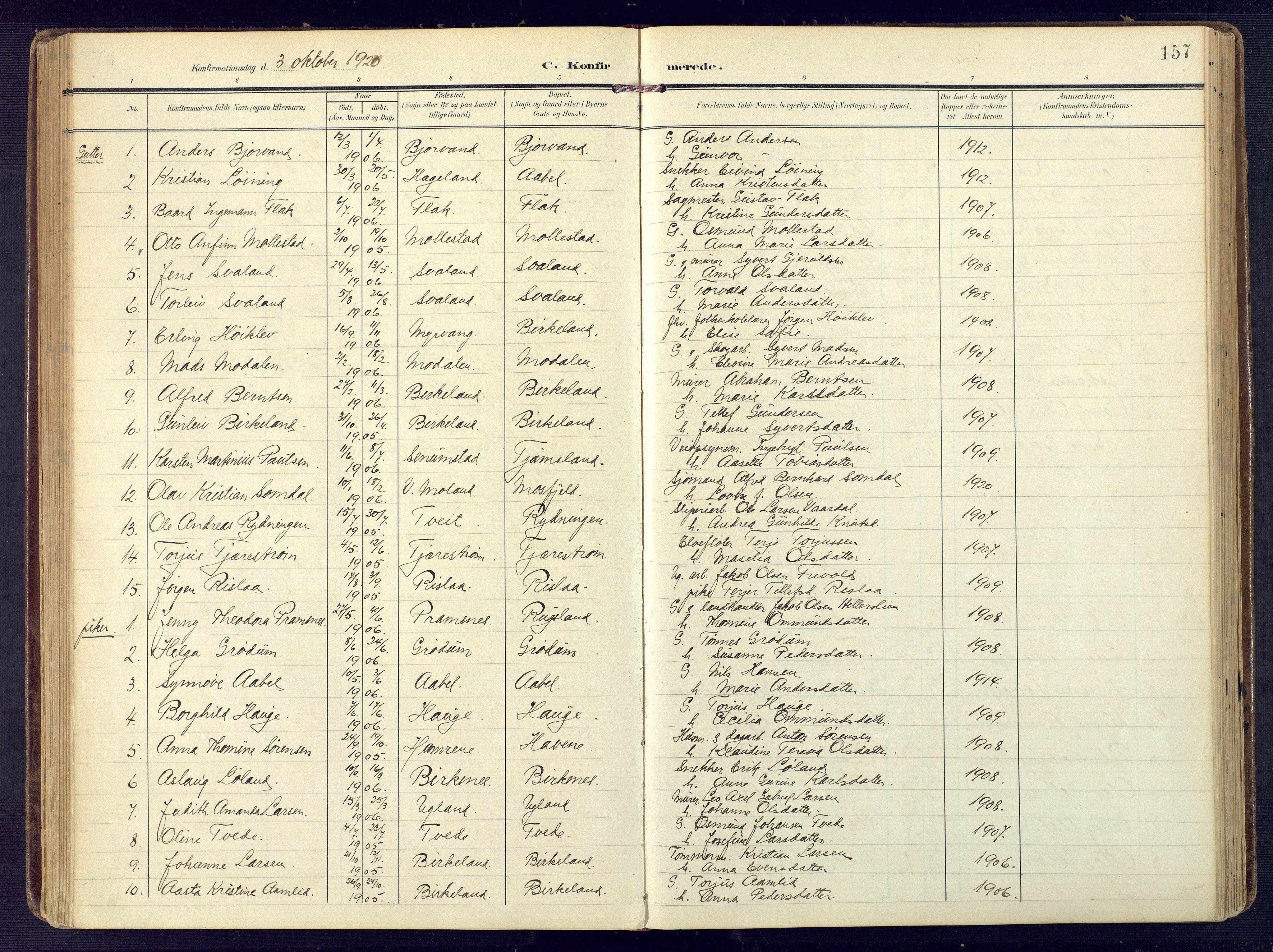 Birkenes sokneprestkontor, SAK/1111-0004/F/Fa/L0006: Parish register (official) no. A 6, 1908-1932, p. 157