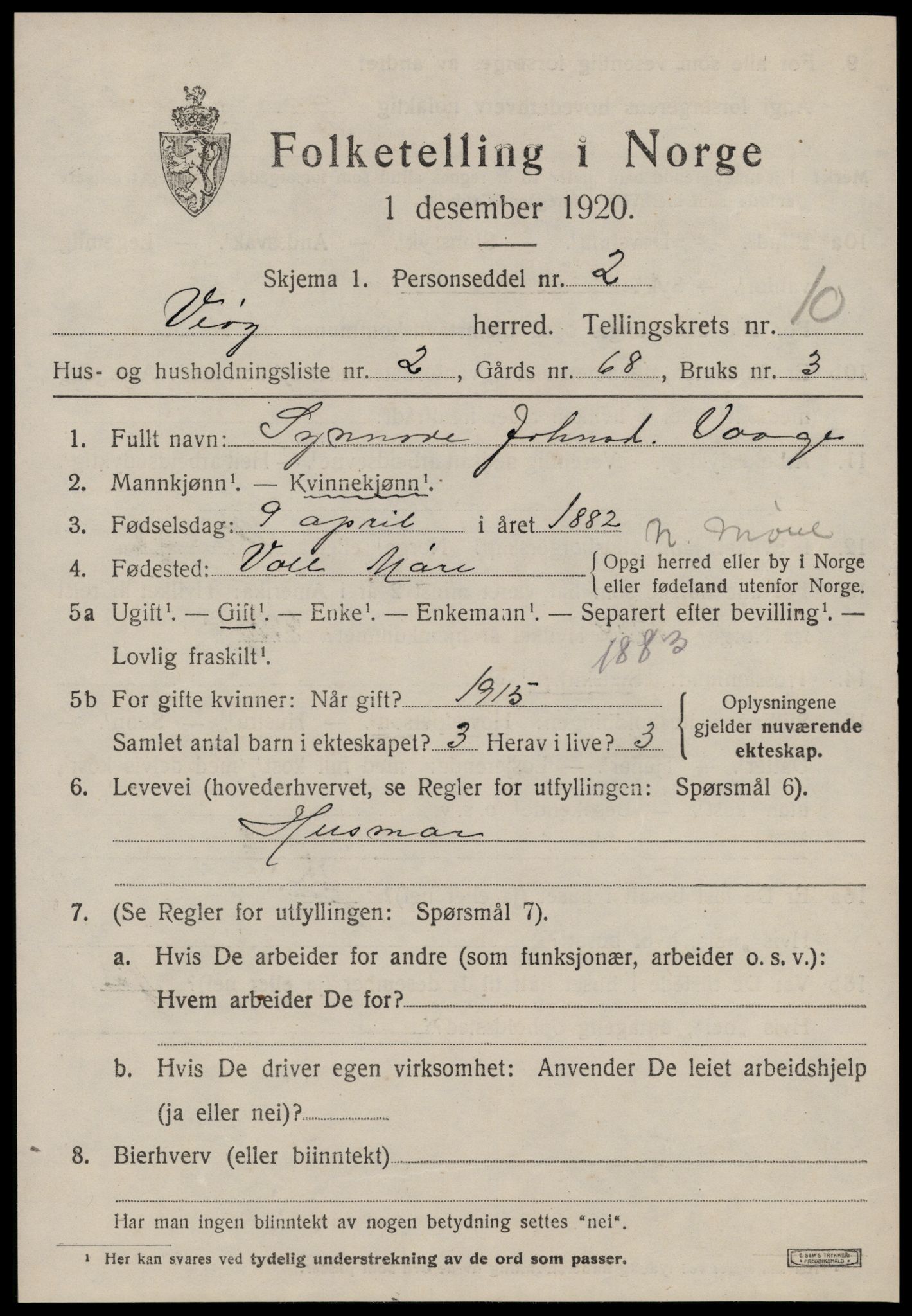 SAT, 1920 census for Veøy, 1920, p. 4719