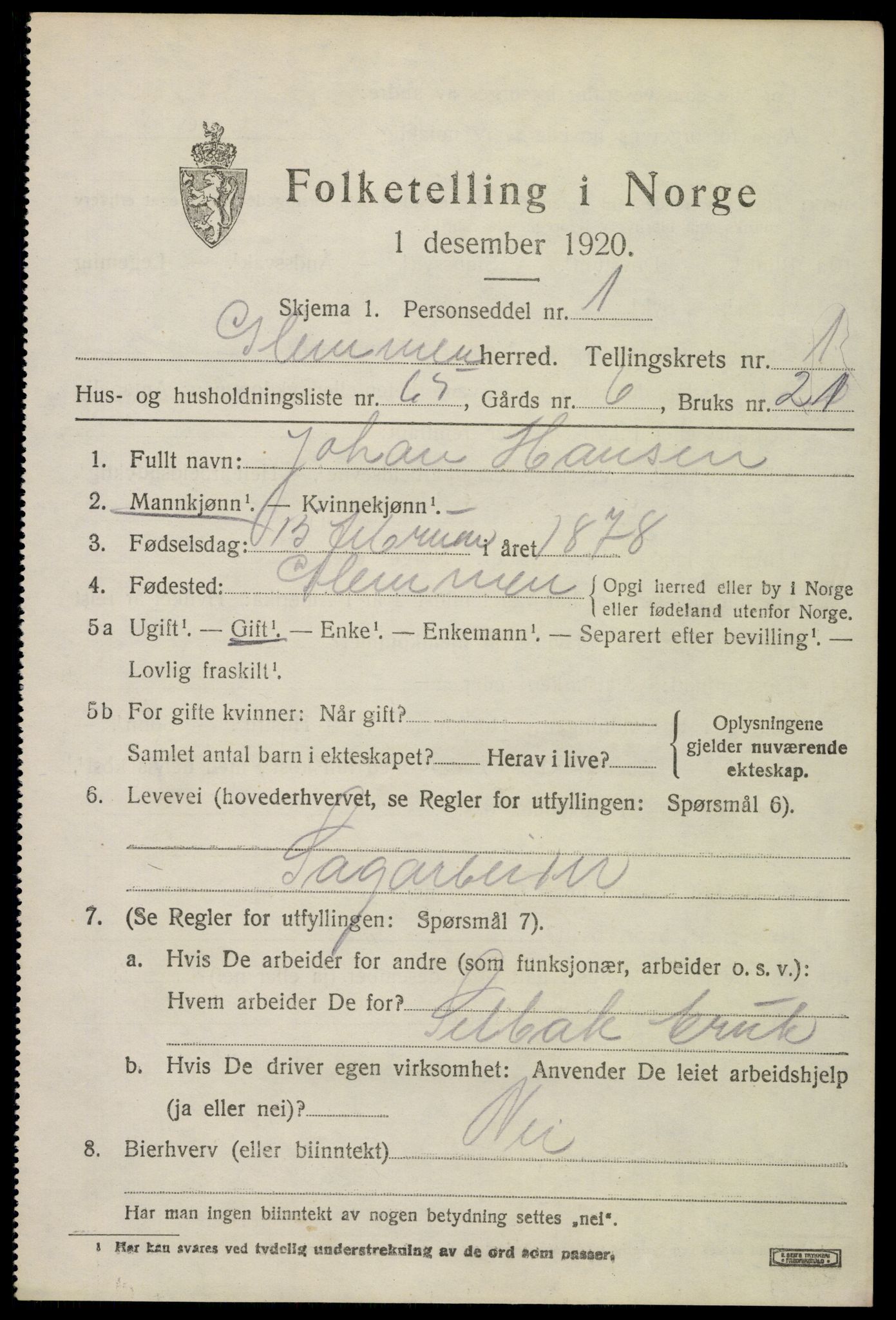 SAO, 1920 census for Glemmen, 1920, p. 4085