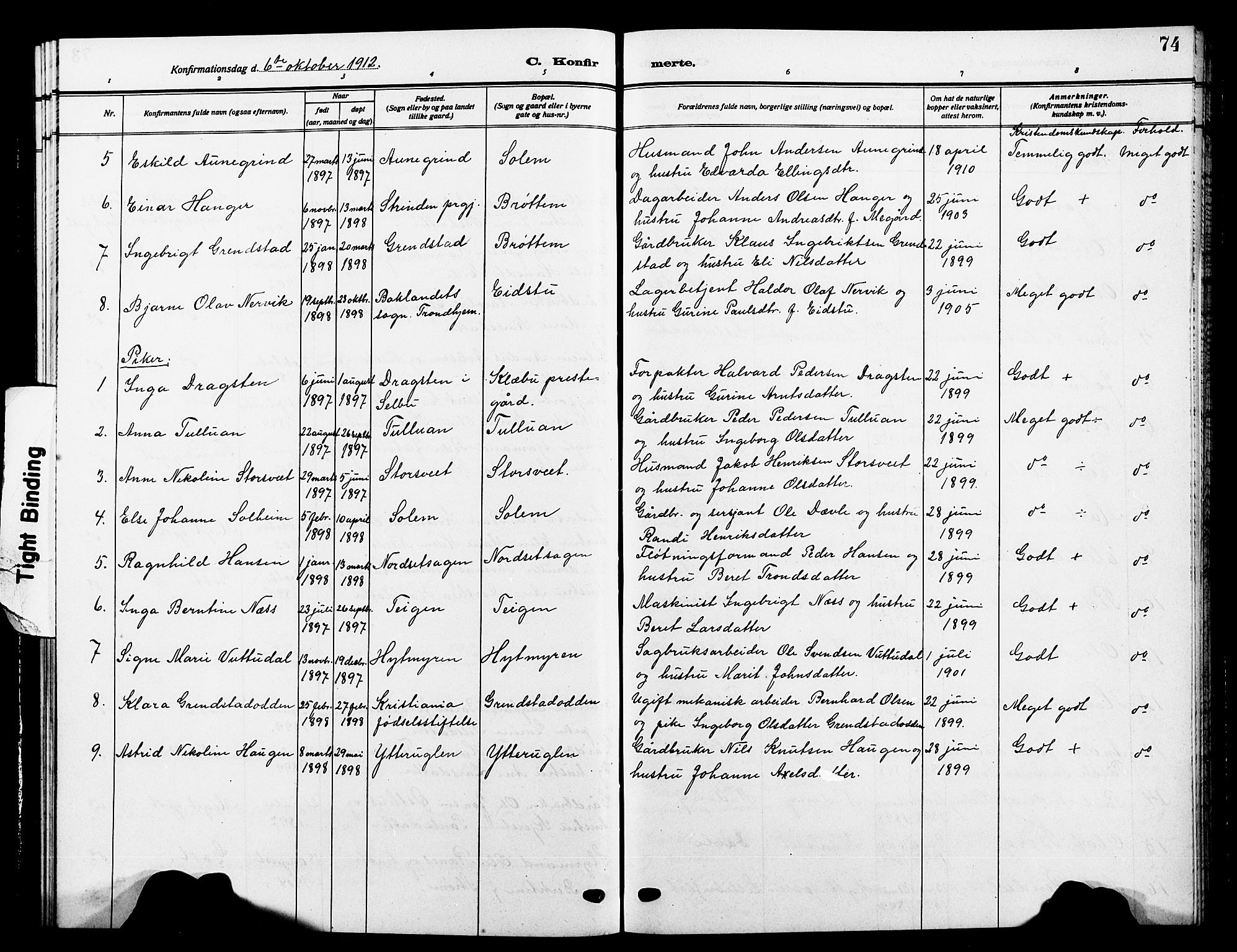 Ministerialprotokoller, klokkerbøker og fødselsregistre - Sør-Trøndelag, SAT/A-1456/618/L0453: Parish register (copy) no. 618C04, 1907-1925, p. 74