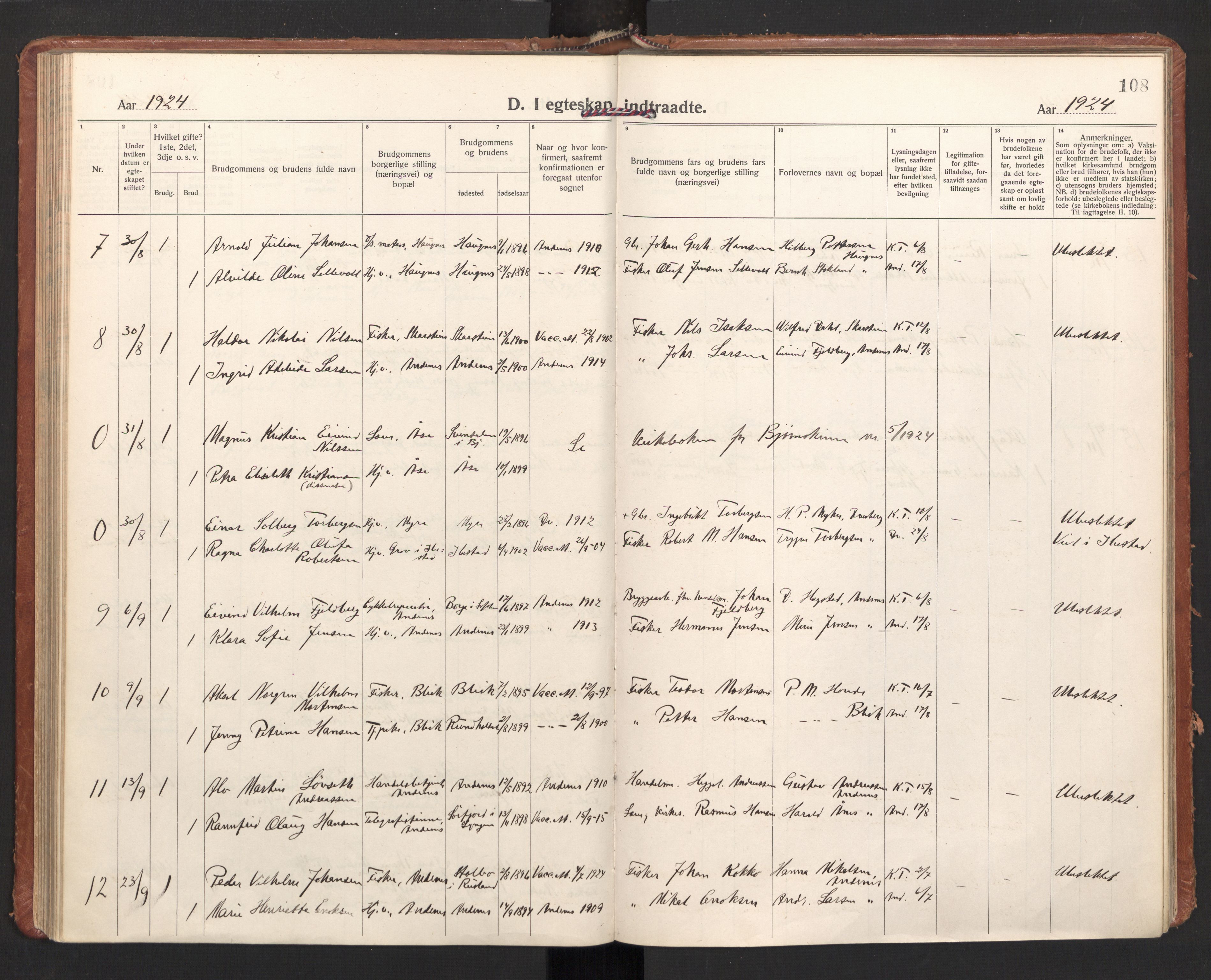 Ministerialprotokoller, klokkerbøker og fødselsregistre - Nordland, AV/SAT-A-1459/897/L1408: Parish register (official) no. 897A15, 1922-1938, p. 108