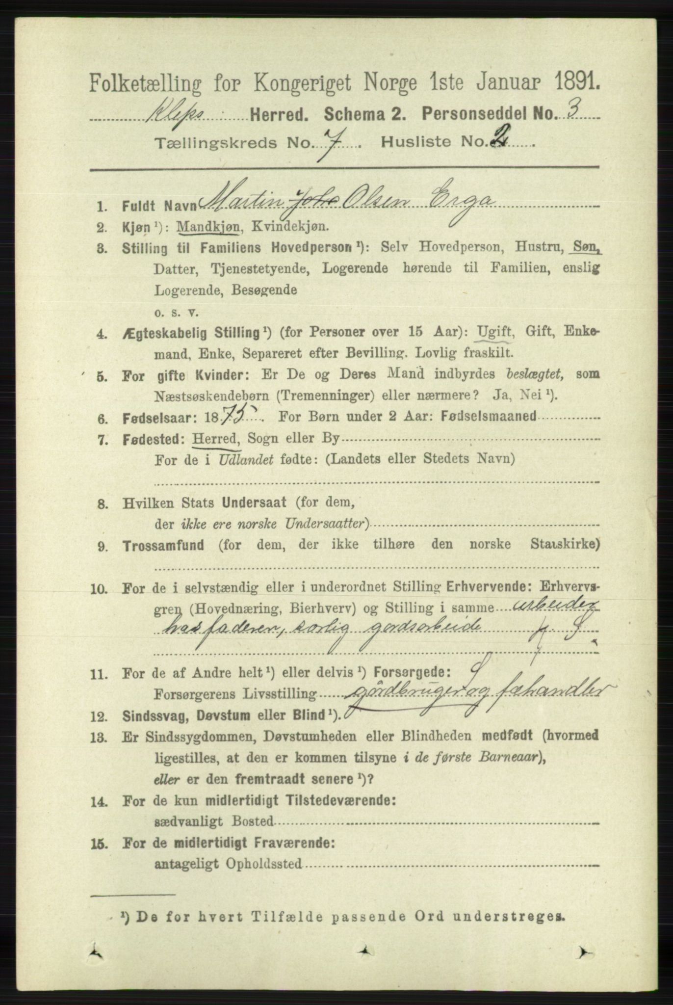 RA, 1891 census for 1120 Klepp, 1891, p. 2121