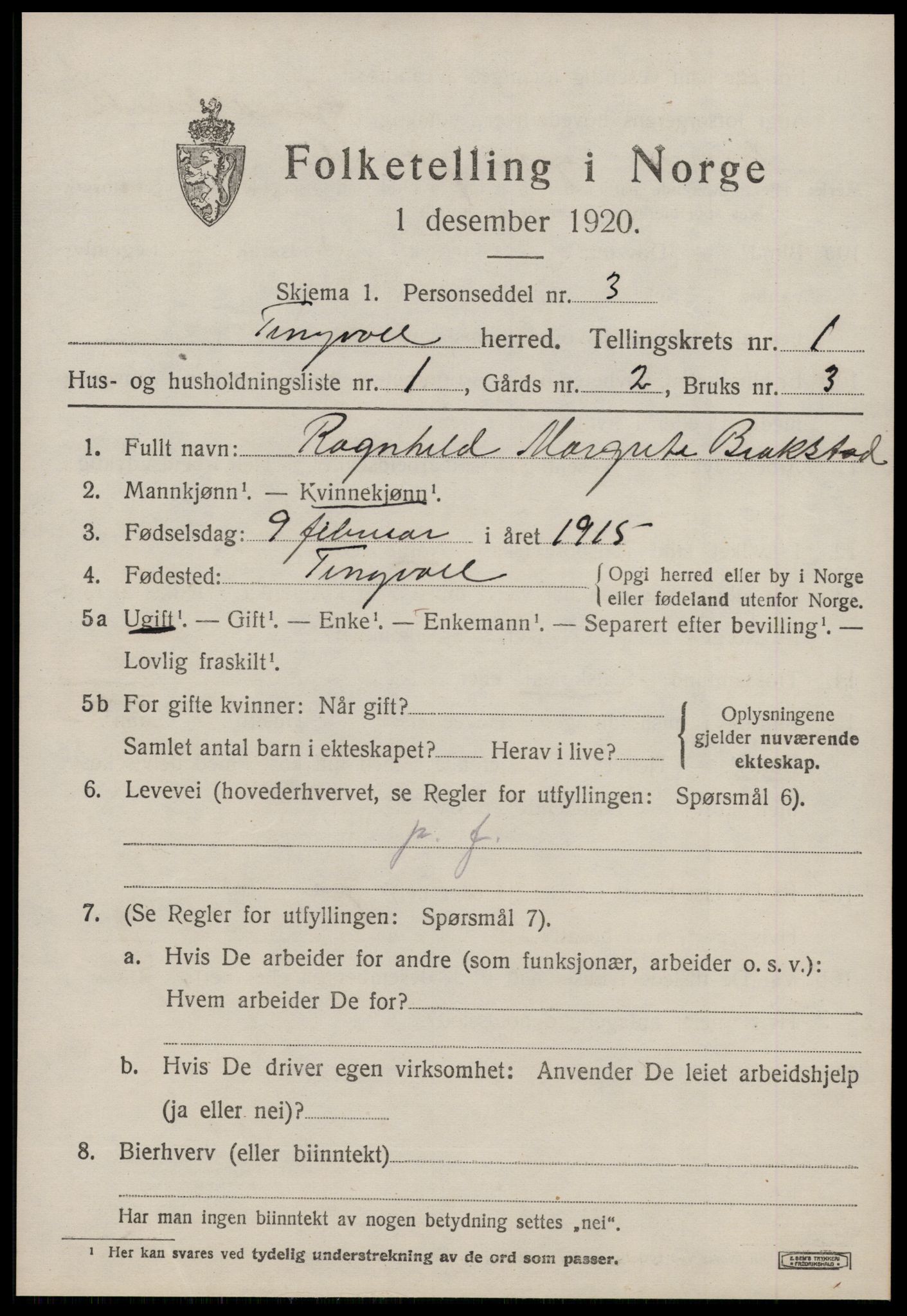 SAT, 1920 census for Tingvoll, 1920, p. 1036