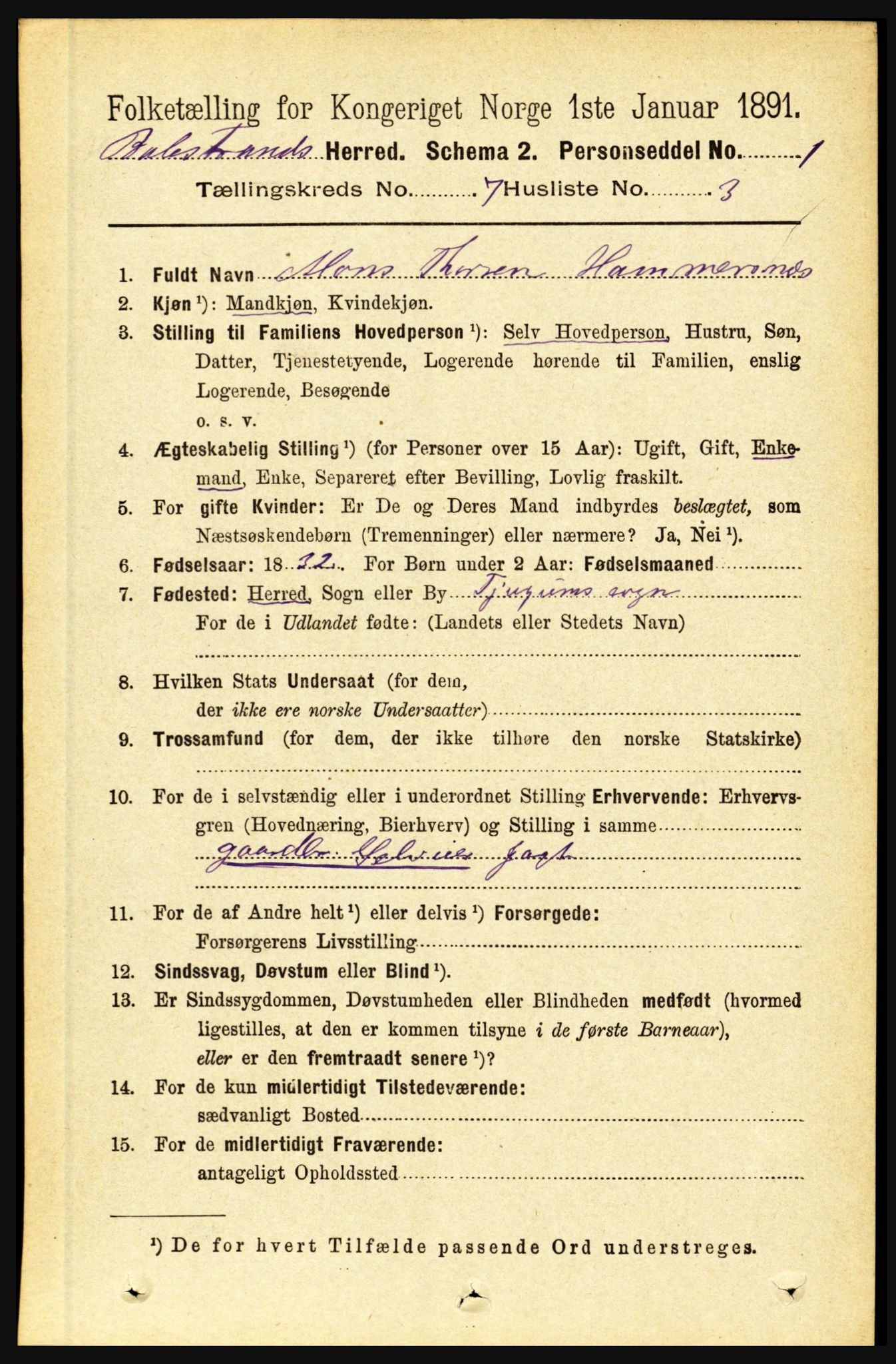 RA, 1891 census for 1418 Balestrand, 1891, p. 1529