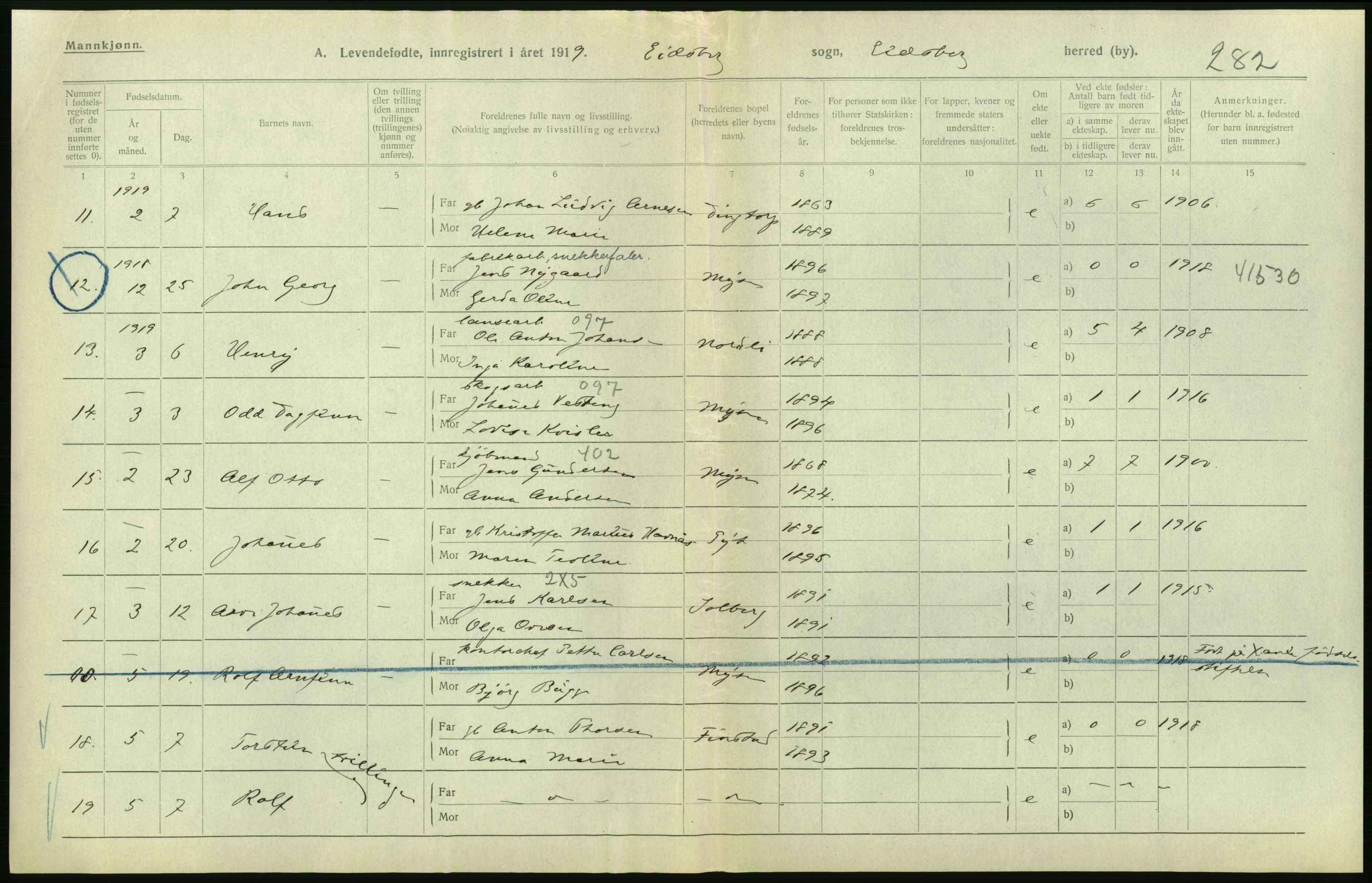 Statistisk sentralbyrå, Sosiodemografiske emner, Befolkning, RA/S-2228/D/Df/Dfb/Dfbi/L0001: Østfold fylke: Levendefødte menn og kvinner. Bygder., 1919, p. 550