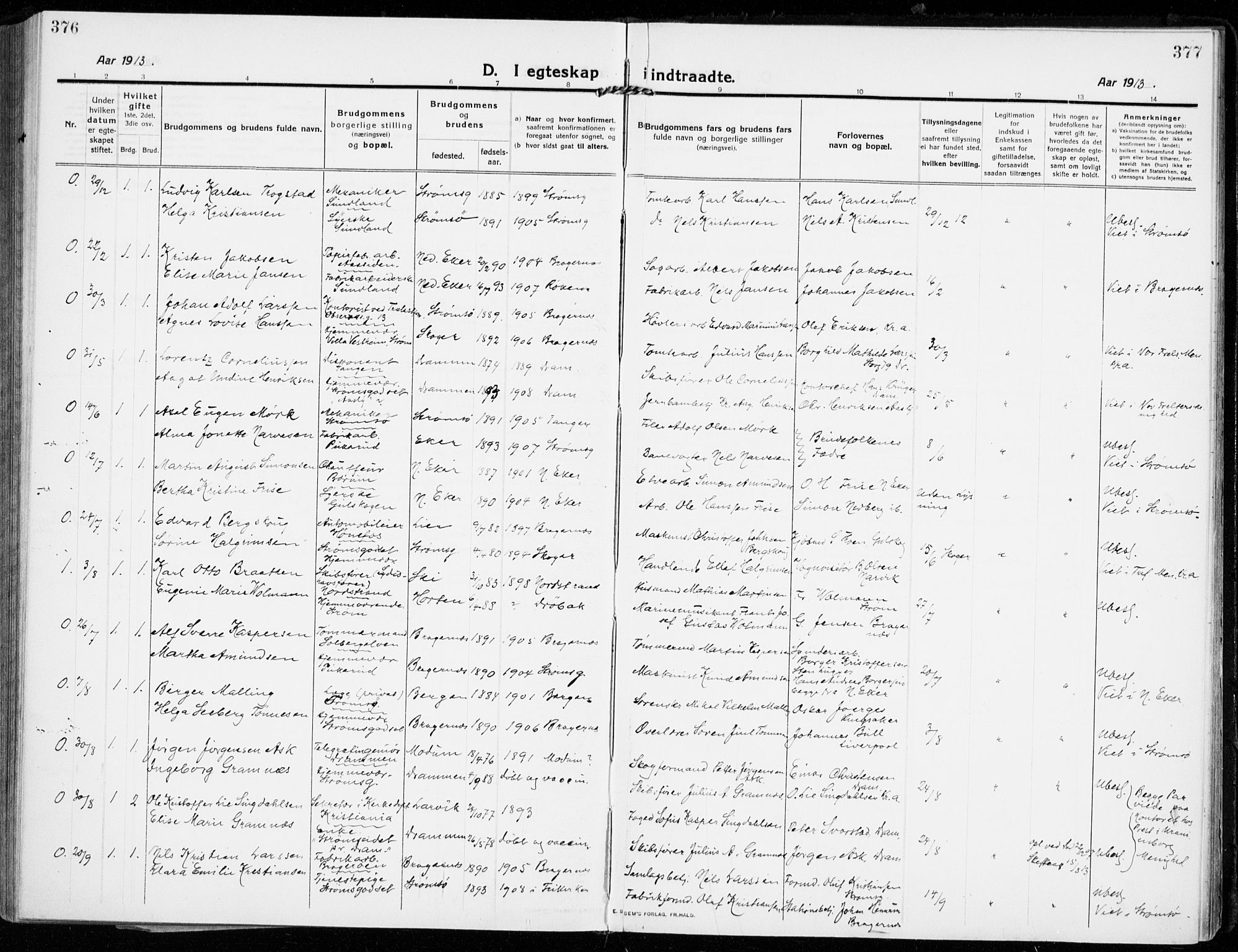 Strømsgodset kirkebøker, AV/SAKO-A-324/F/Fa/L0002: Parish register (official) no. 2, 1910-1920, p. 376-377