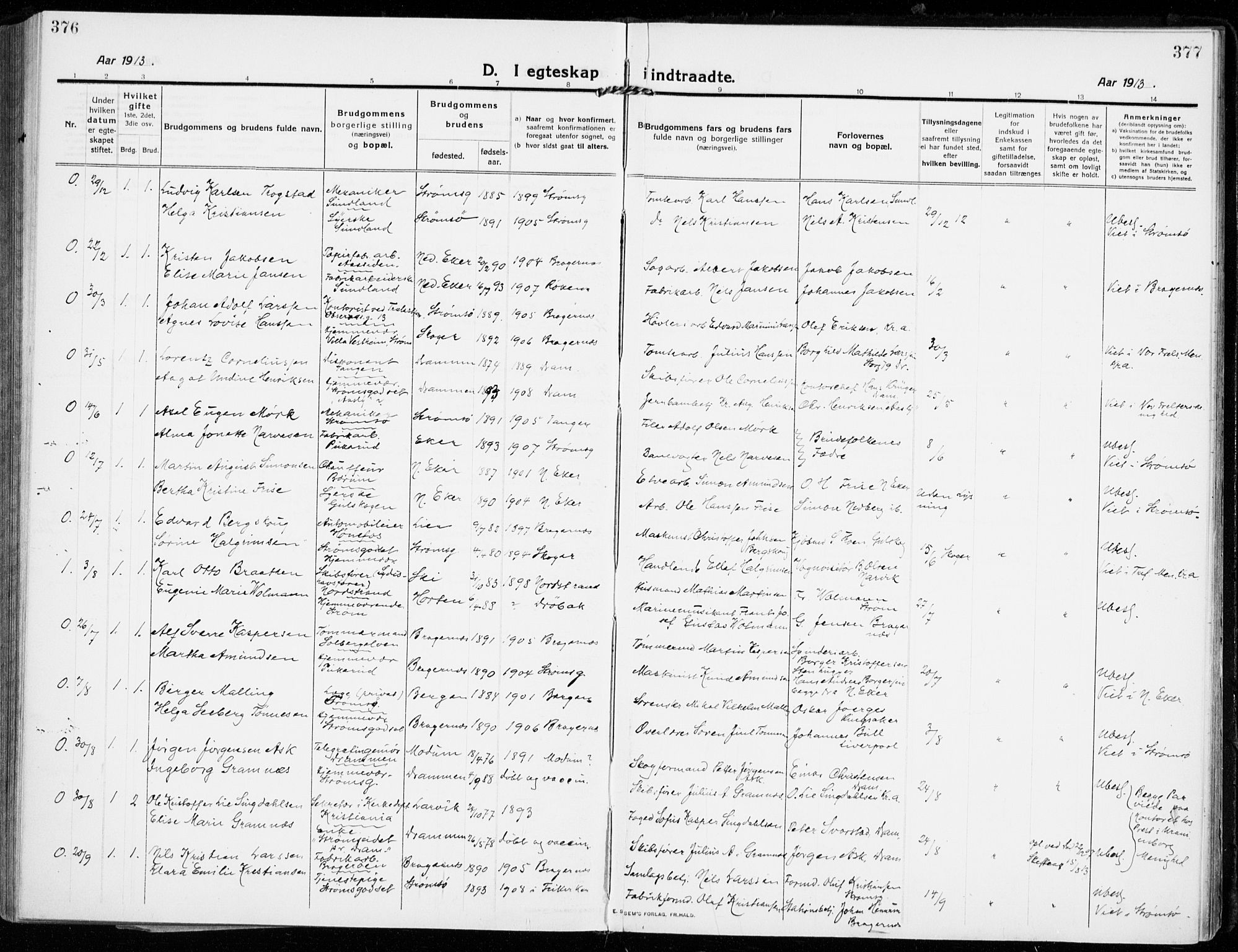 Strømsgodset kirkebøker, SAKO/A-324/F/Fa/L0002: Parish register (official) no. 2, 1910-1920, p. 376-377