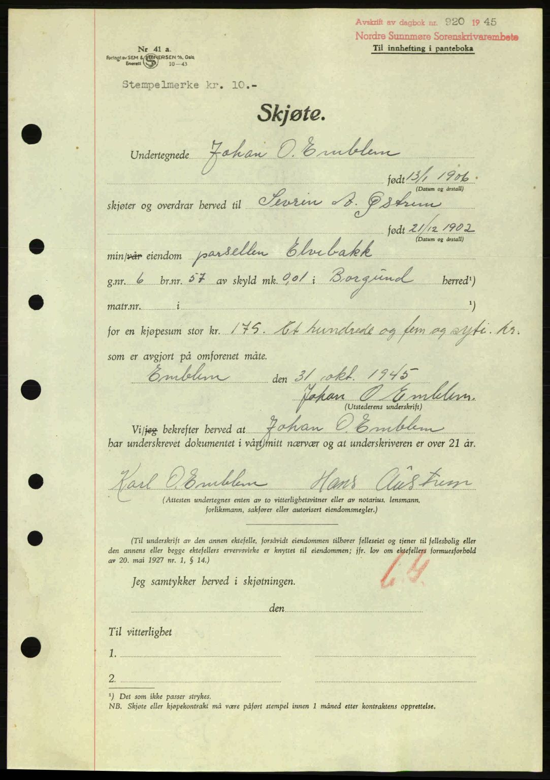 Nordre Sunnmøre sorenskriveri, AV/SAT-A-0006/1/2/2C/2Ca: Mortgage book no. A20a, 1945-1945, Diary no: : 920/1945