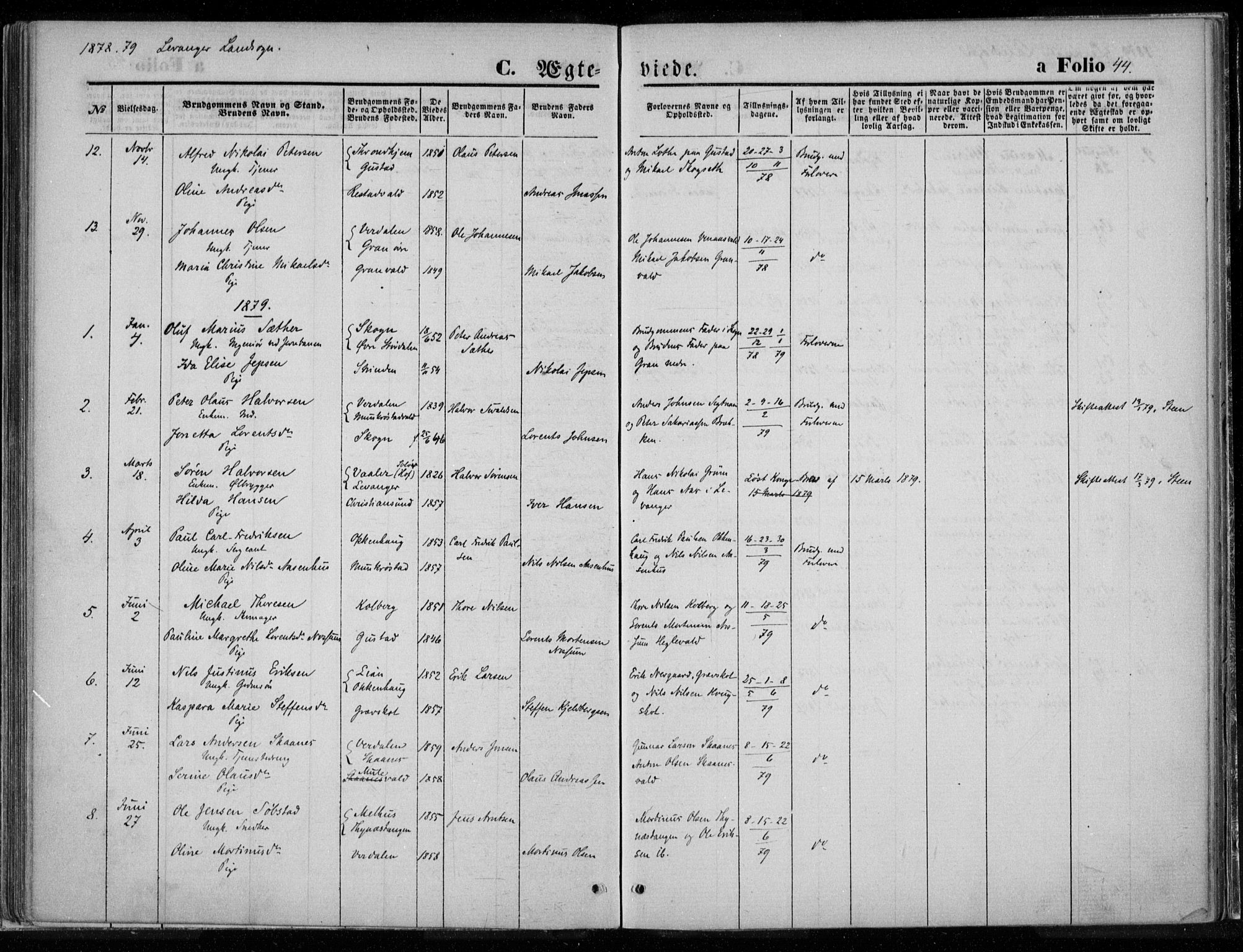 Ministerialprotokoller, klokkerbøker og fødselsregistre - Nord-Trøndelag, SAT/A-1458/720/L0187: Parish register (official) no. 720A04 /2, 1875-1879, p. 44