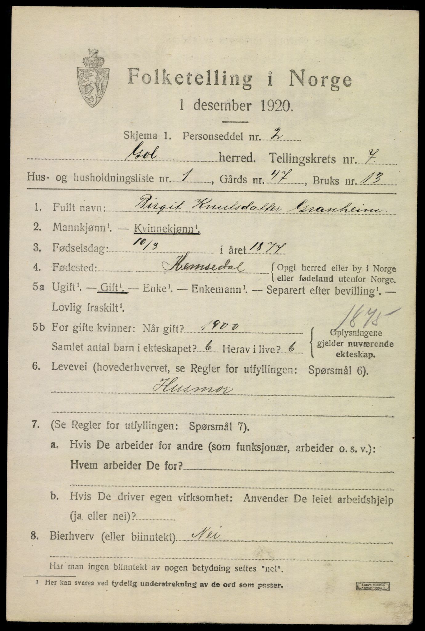 SAKO, 1920 census for Gol, 1920, p. 5452