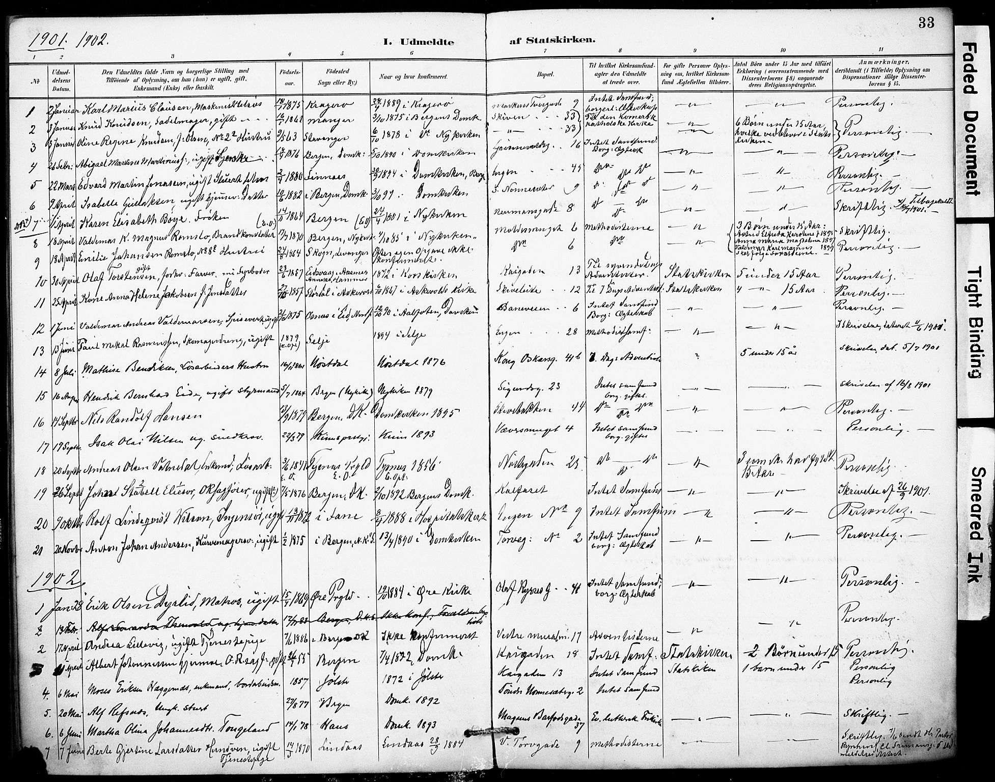 Domkirken sokneprestembete, SAB/A-74801/H/Haa: Parish register (official) no. I 1, 1887-1908, p. 33