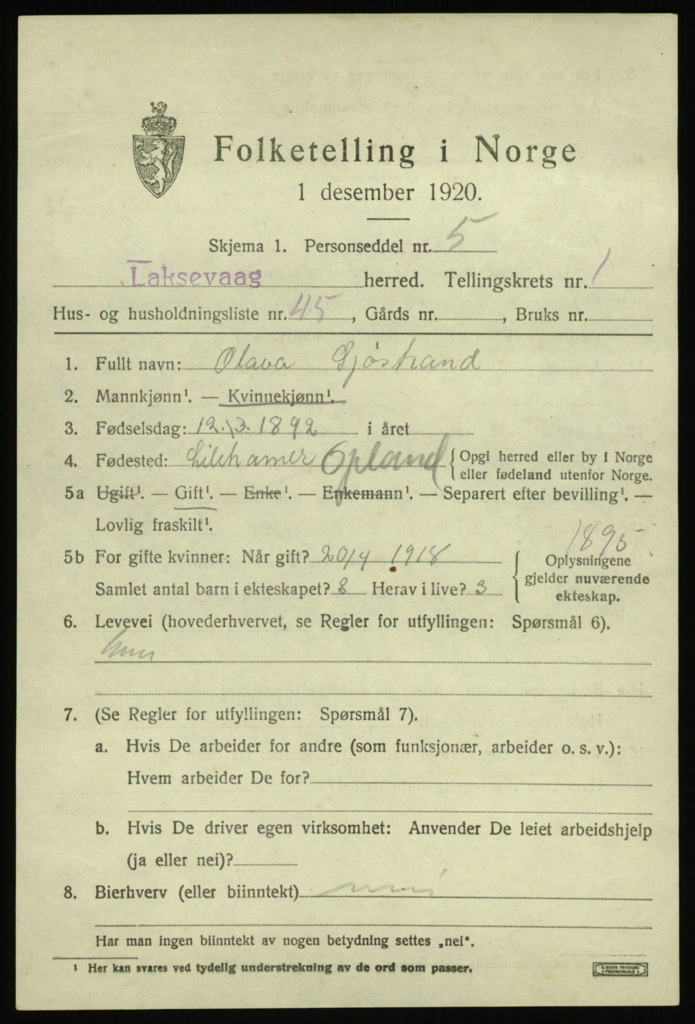 SAB, 1920 census for Laksevåg, 1920, p. 3344