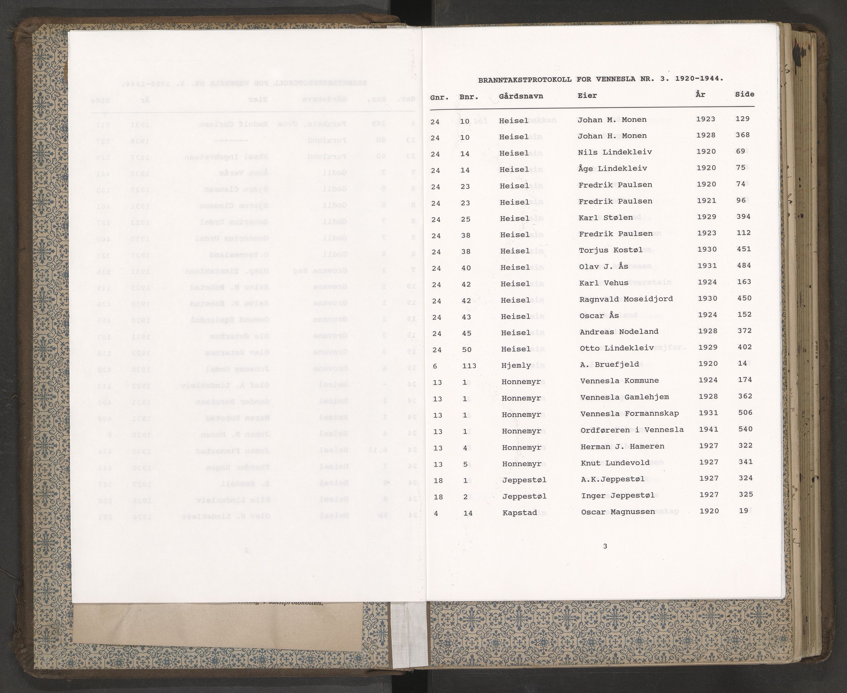 Norges Brannkasse Vennesla, AV/SAK-2241-0055/F/Fa/L0003: Branntakstprotokoll nr. 3 med gårdsnavnregister, 1920-1944