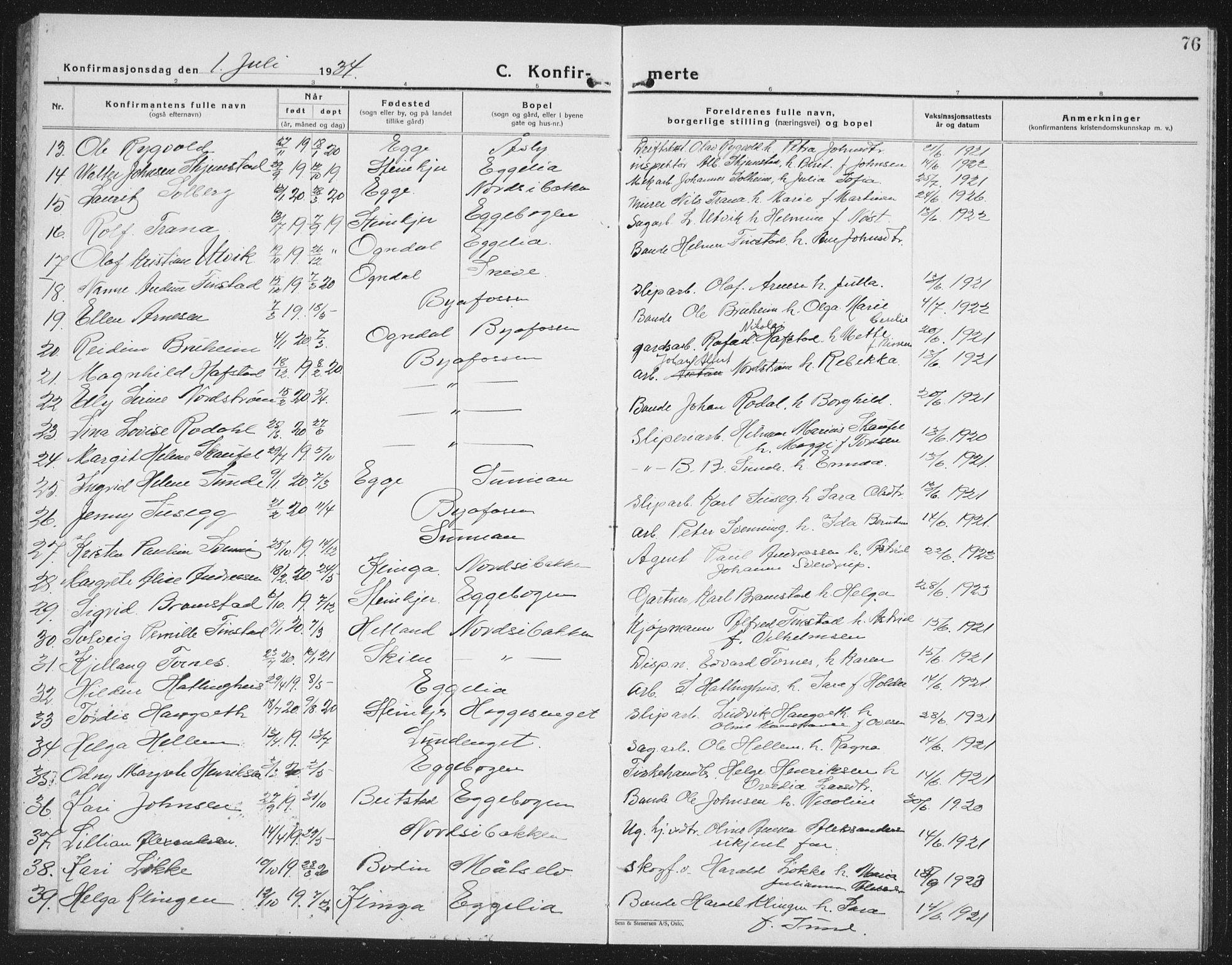 Ministerialprotokoller, klokkerbøker og fødselsregistre - Nord-Trøndelag, SAT/A-1458/740/L0383: Parish register (copy) no. 740C04, 1927-1939, p. 76
