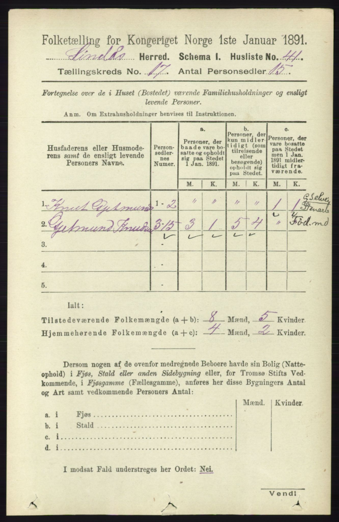 RA, 1891 census for 1263 Lindås, 1891, p. 6123