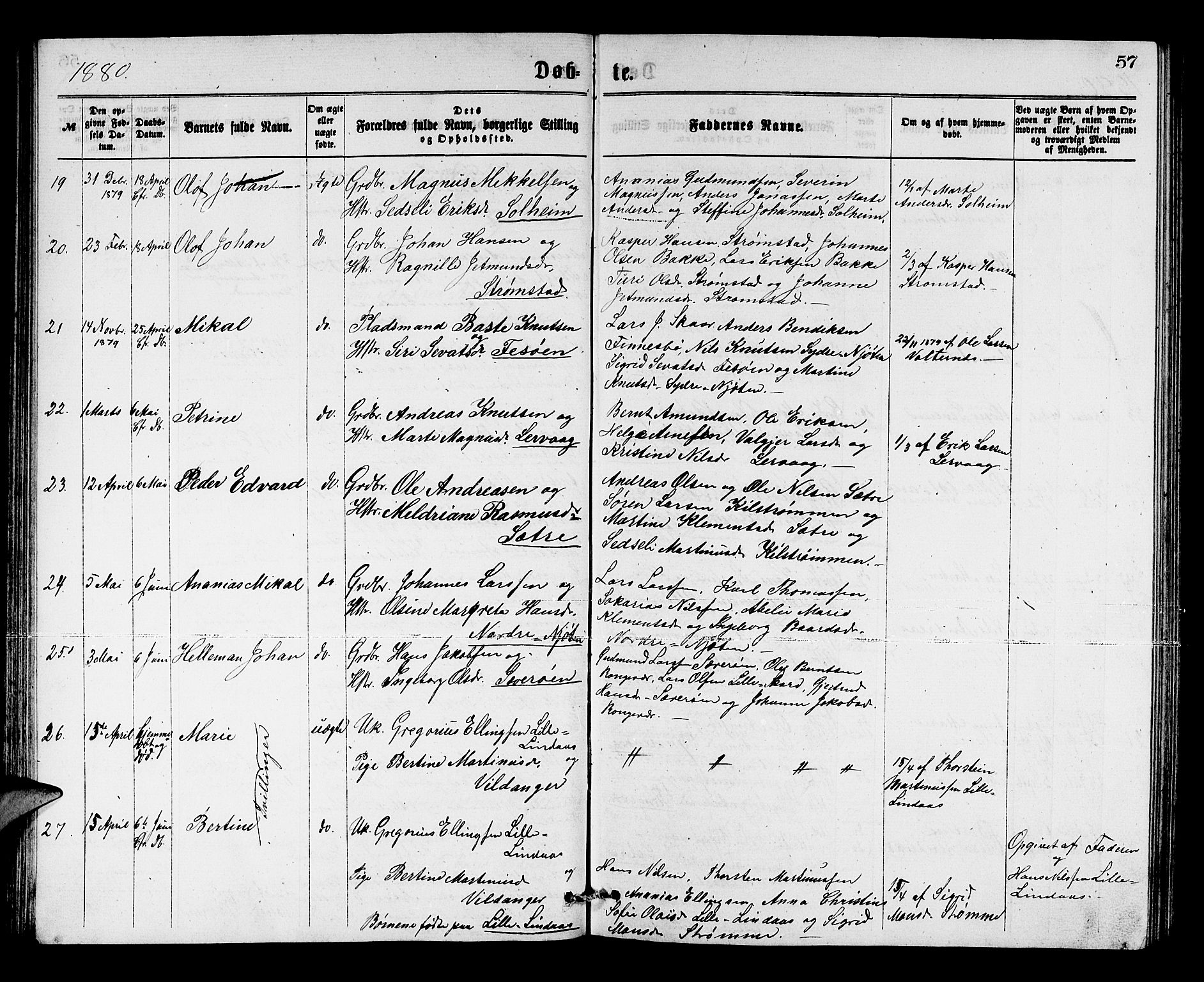 Lindås Sokneprestembete, AV/SAB-A-76701/H/Hab/Habc/L0002: Parish register (copy) no. C 2, 1868-1885, p. 57