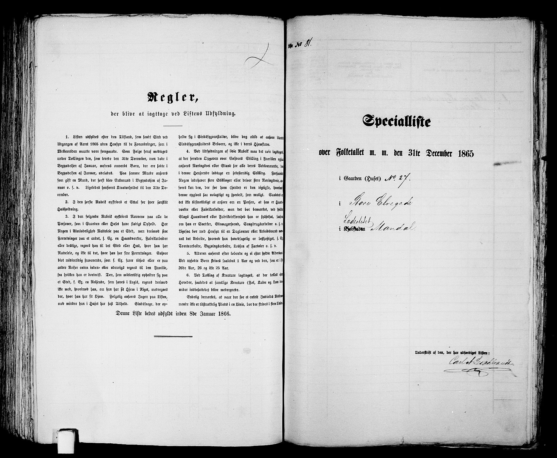 RA, 1865 census for Mandal/Mandal, 1865, p. 164