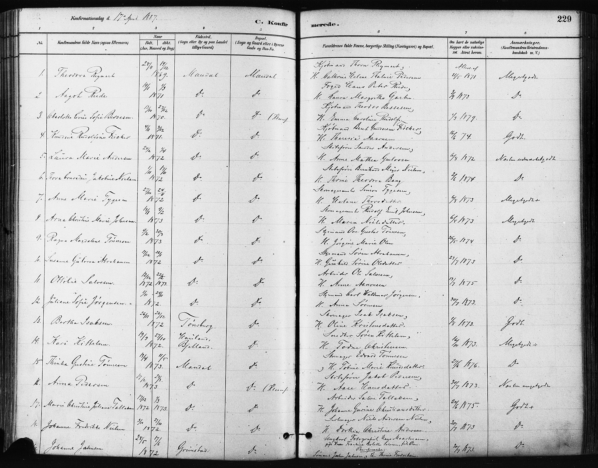 Mandal sokneprestkontor, AV/SAK-1111-0030/F/Fa/Faa/L0016: Parish register (official) no. A 16, 1880-1890, p. 229