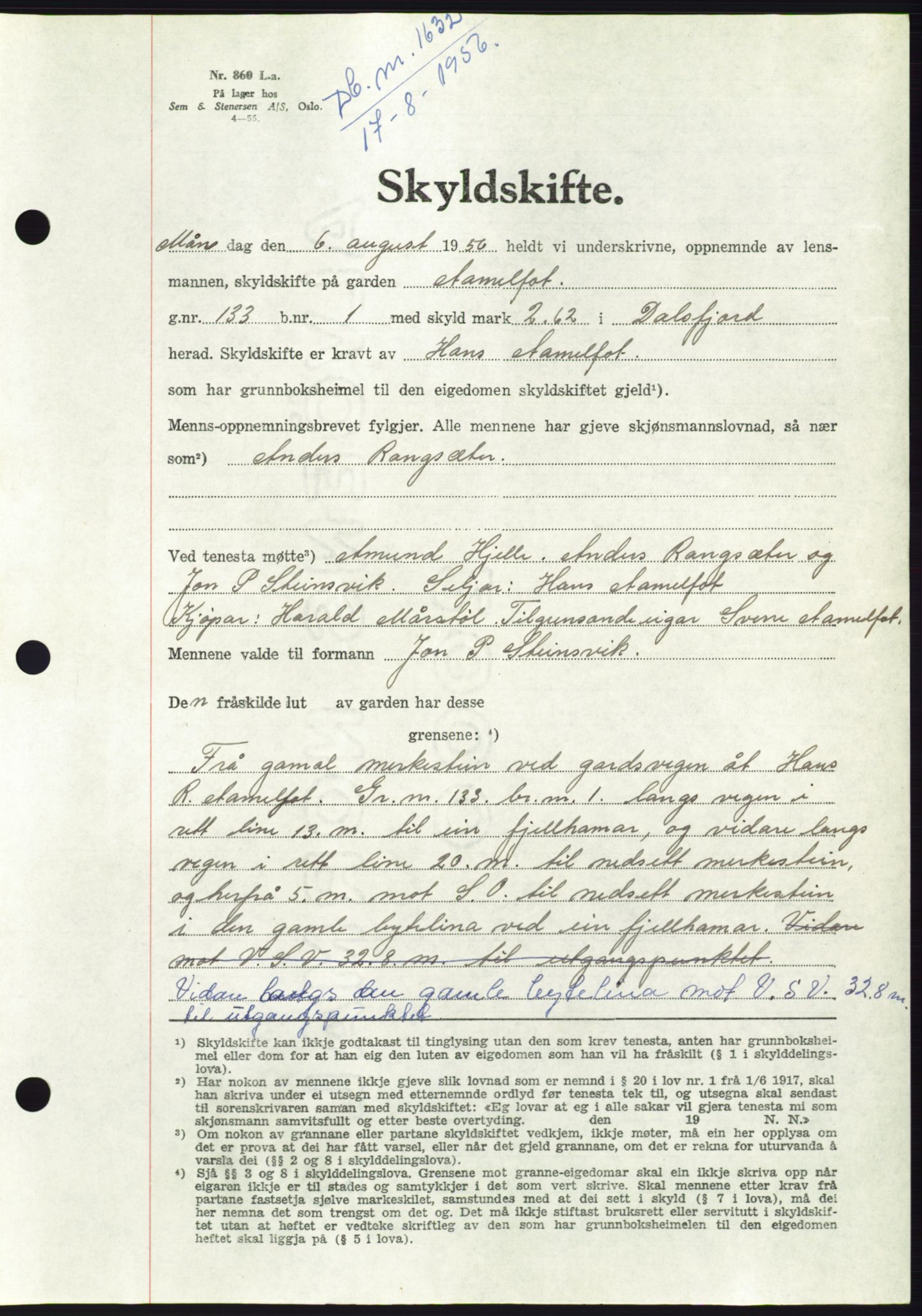Søre Sunnmøre sorenskriveri, AV/SAT-A-4122/1/2/2C/L0104: Mortgage book no. 30A, 1956-1956, Diary no: : 1632/1956
