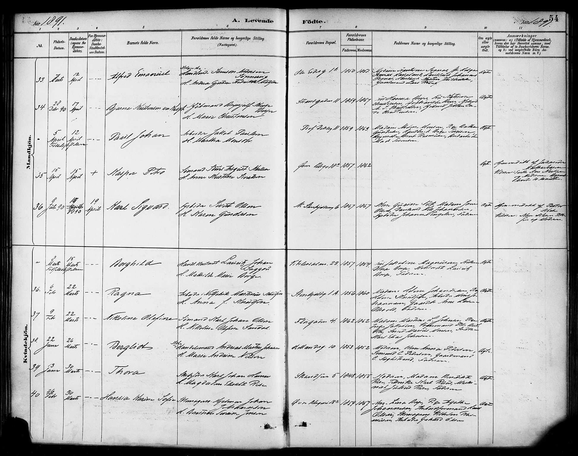 Korskirken sokneprestembete, AV/SAB-A-76101/H/Haa/L0022: Parish register (official) no. B 8, 1889-1899, p. 54