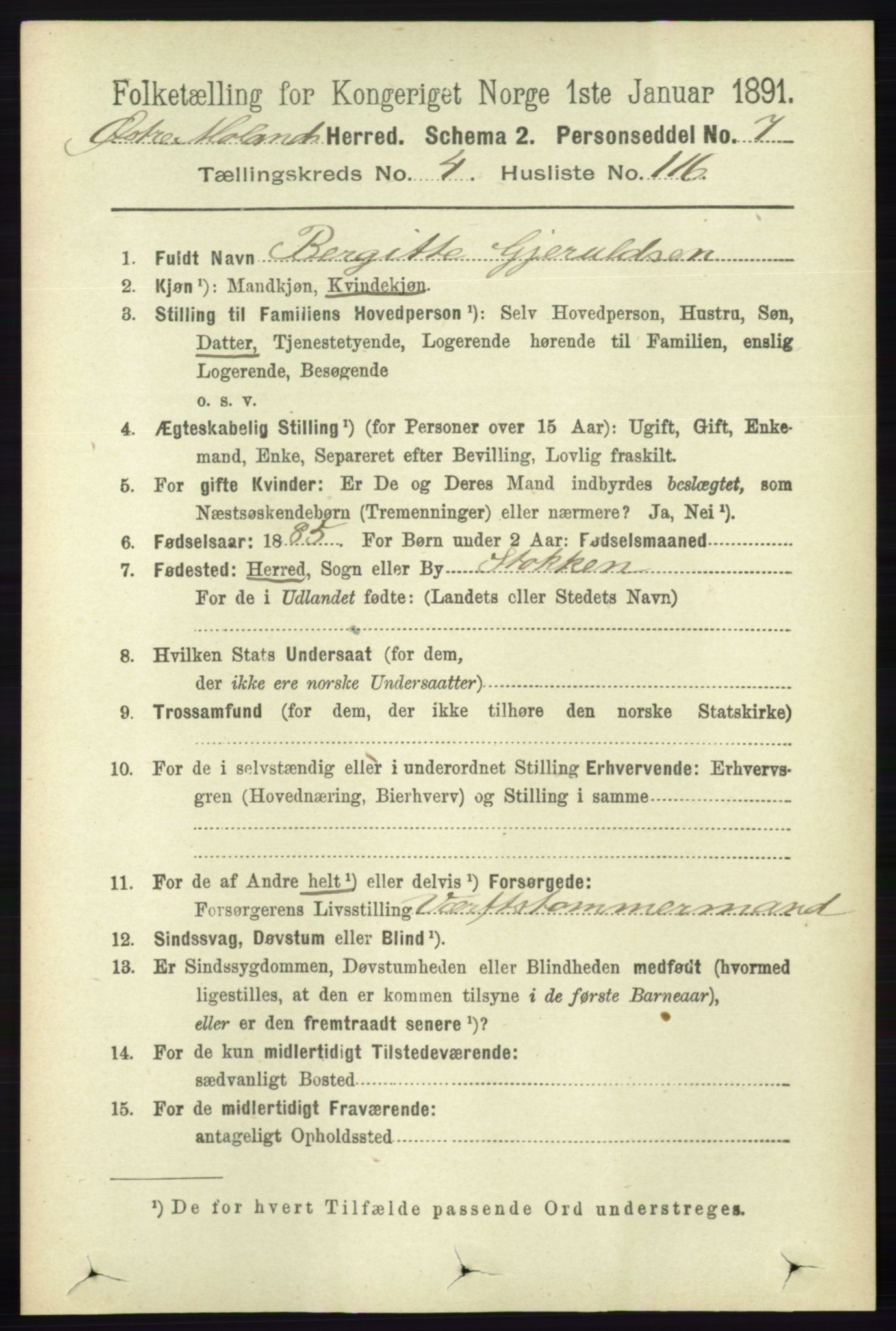 RA, 1891 census for 0918 Austre Moland, 1891, p. 2679