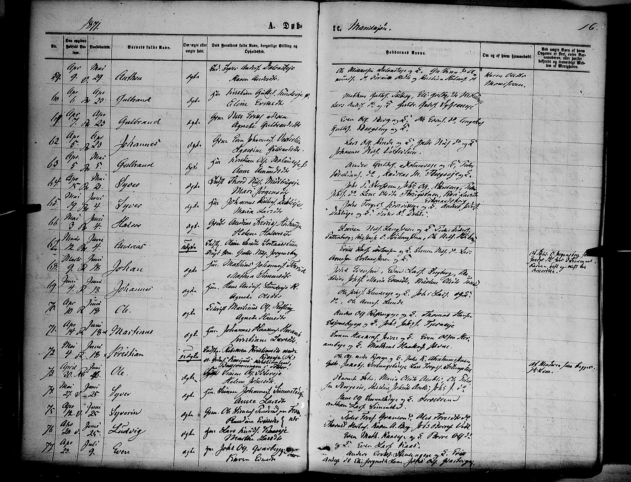 Ringsaker prestekontor, AV/SAH-PREST-014/K/Ka/L0011: Parish register (official) no. 11, 1870-1878, p. 16