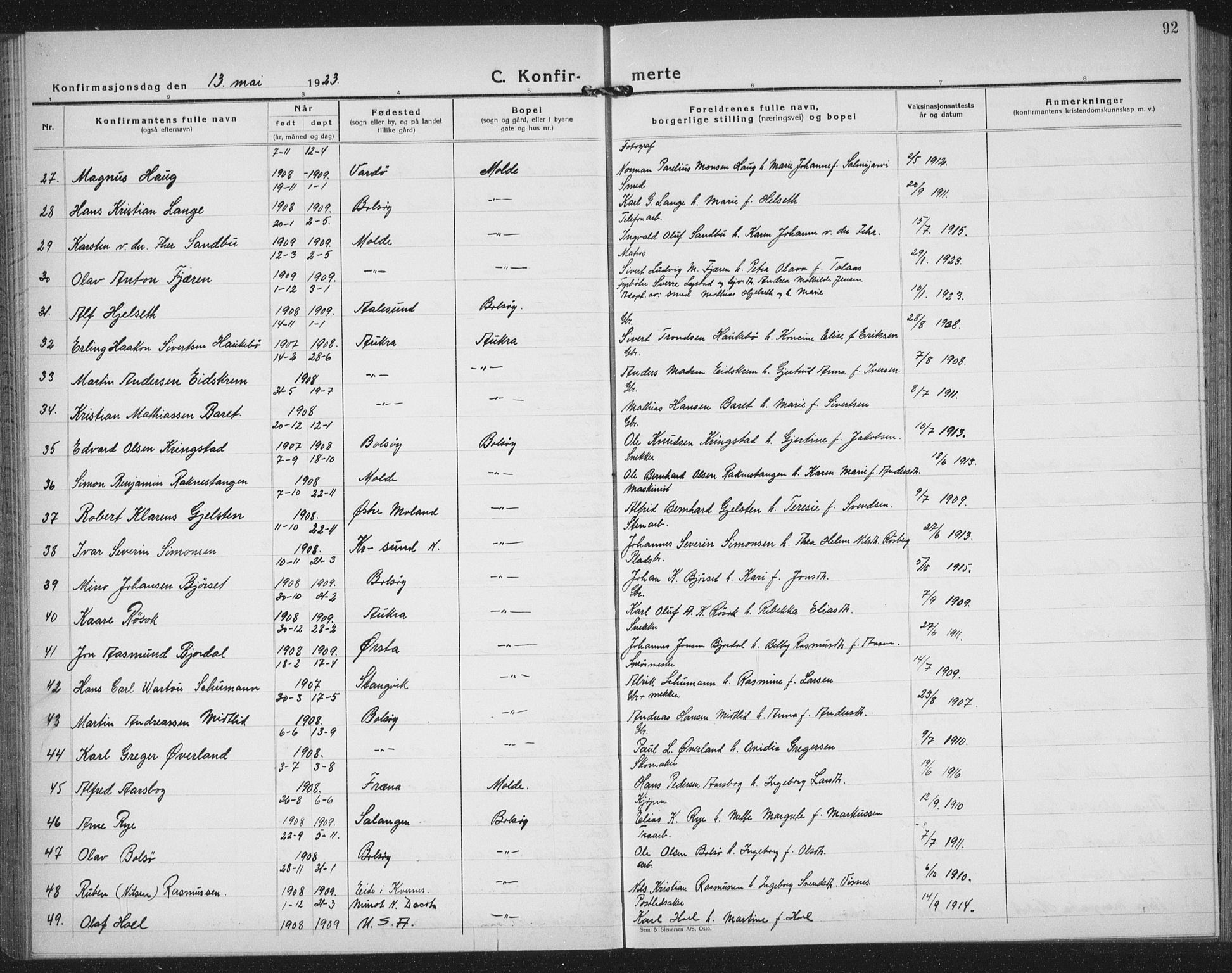 Ministerialprotokoller, klokkerbøker og fødselsregistre - Møre og Romsdal, AV/SAT-A-1454/558/L0704: Parish register (copy) no. 558C05, 1921-1942, p. 92